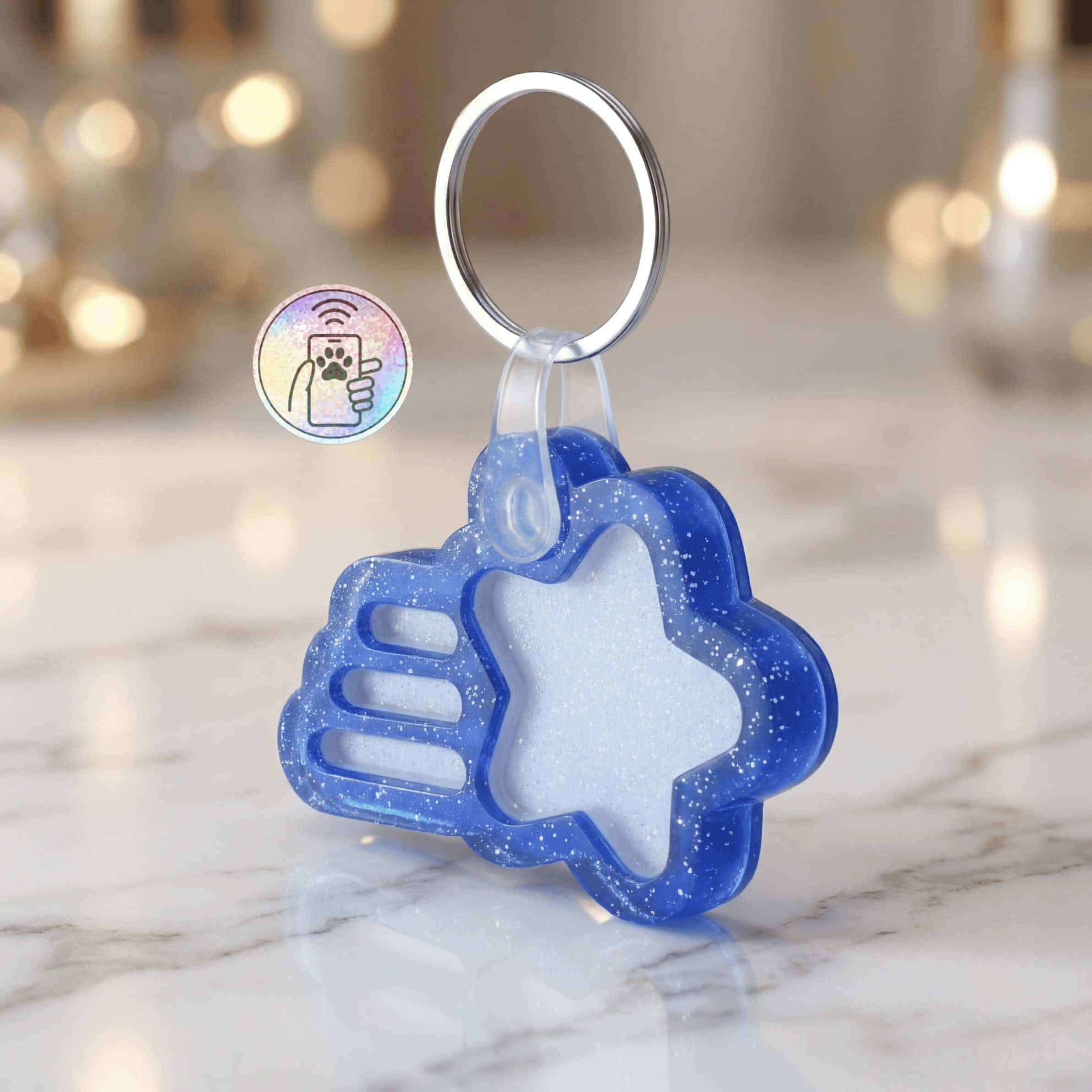 NFC pet ID tag in a star shape with glitter, designed for dogs and cats' identification.