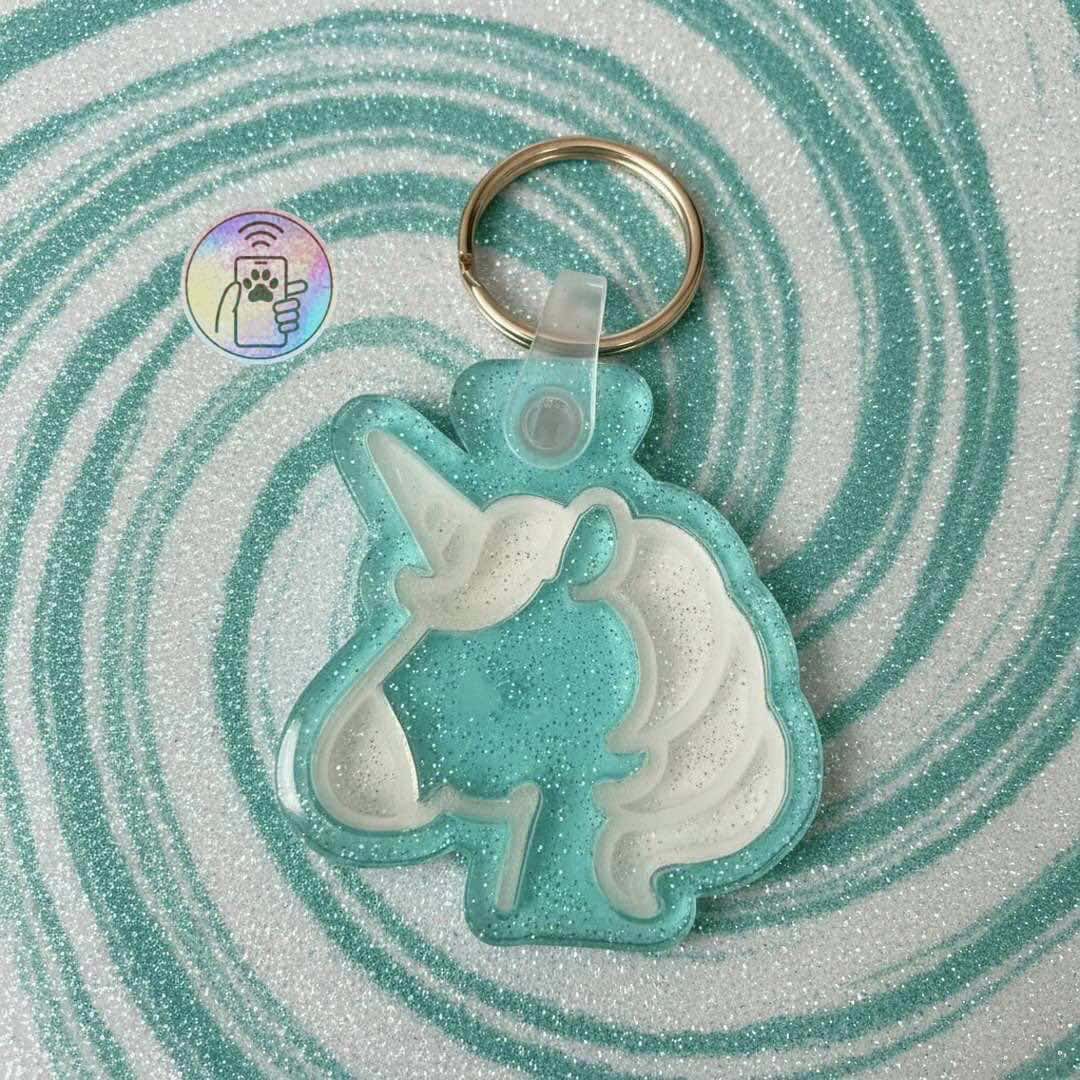 Unicorn-shaped NFC pet ID tag made of designer acrylic, perfect for dogs and cats. Includes a keyrin.
