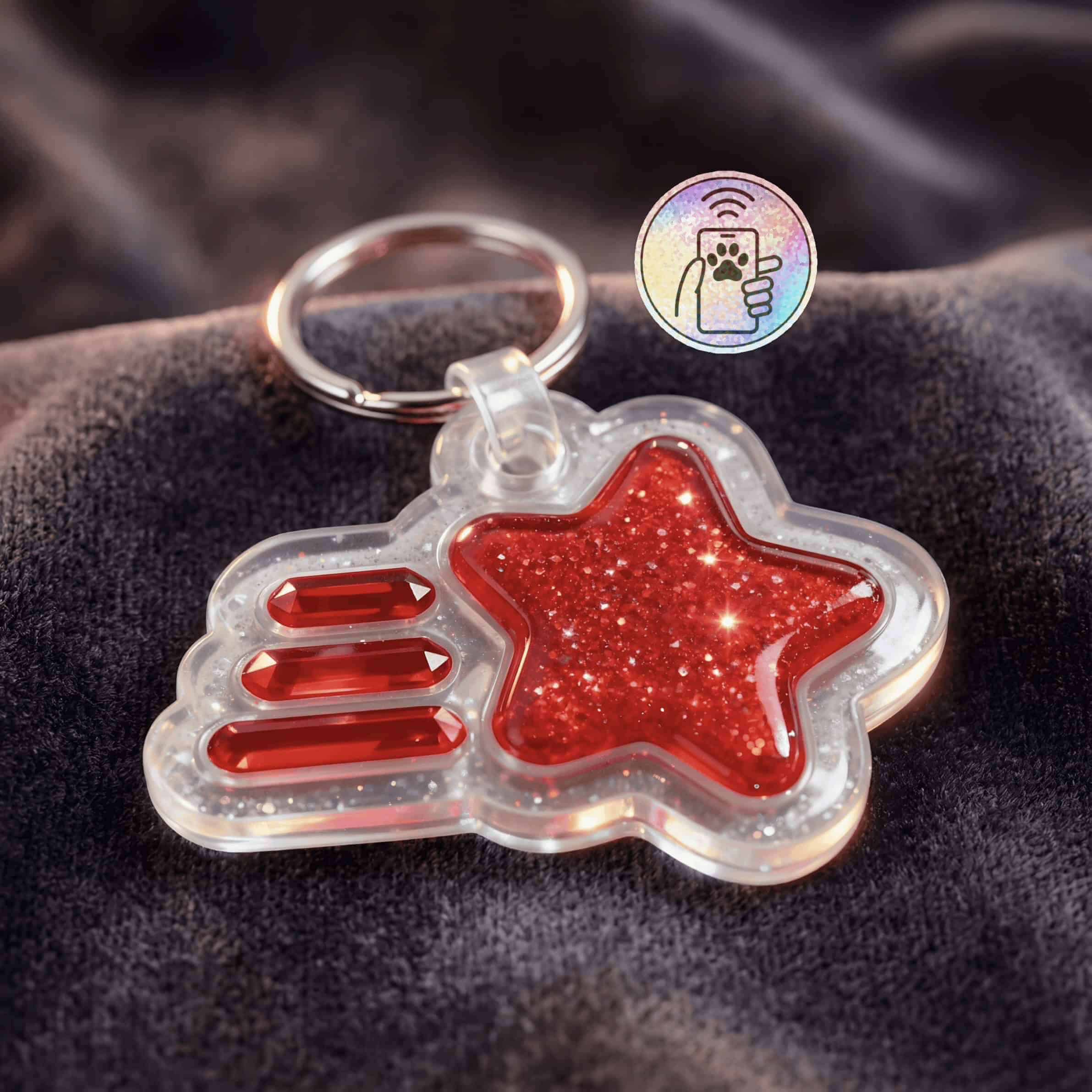 NFC pet ID tag shaped like a star with glitter and hand design, compatible with smartphones for pet.