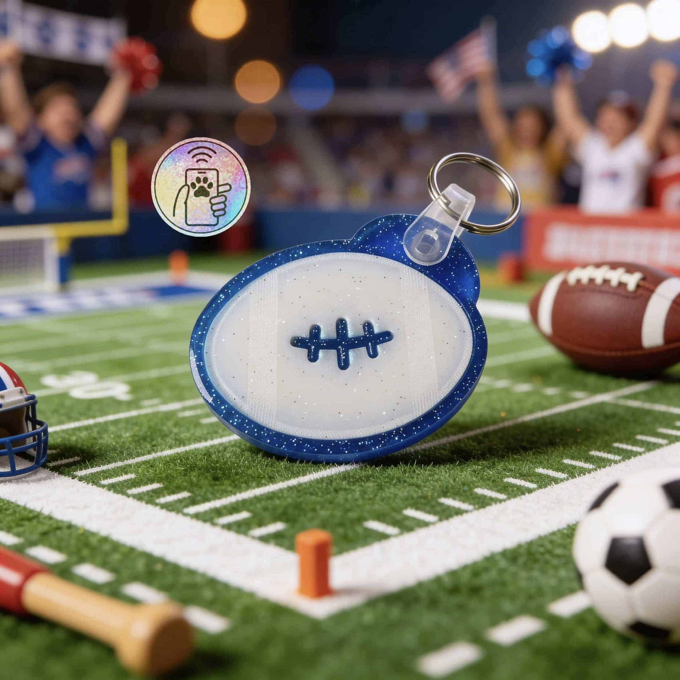 NFC pet ID tag shaped like a football, designed for dogs and cats, with a sports-themed background.