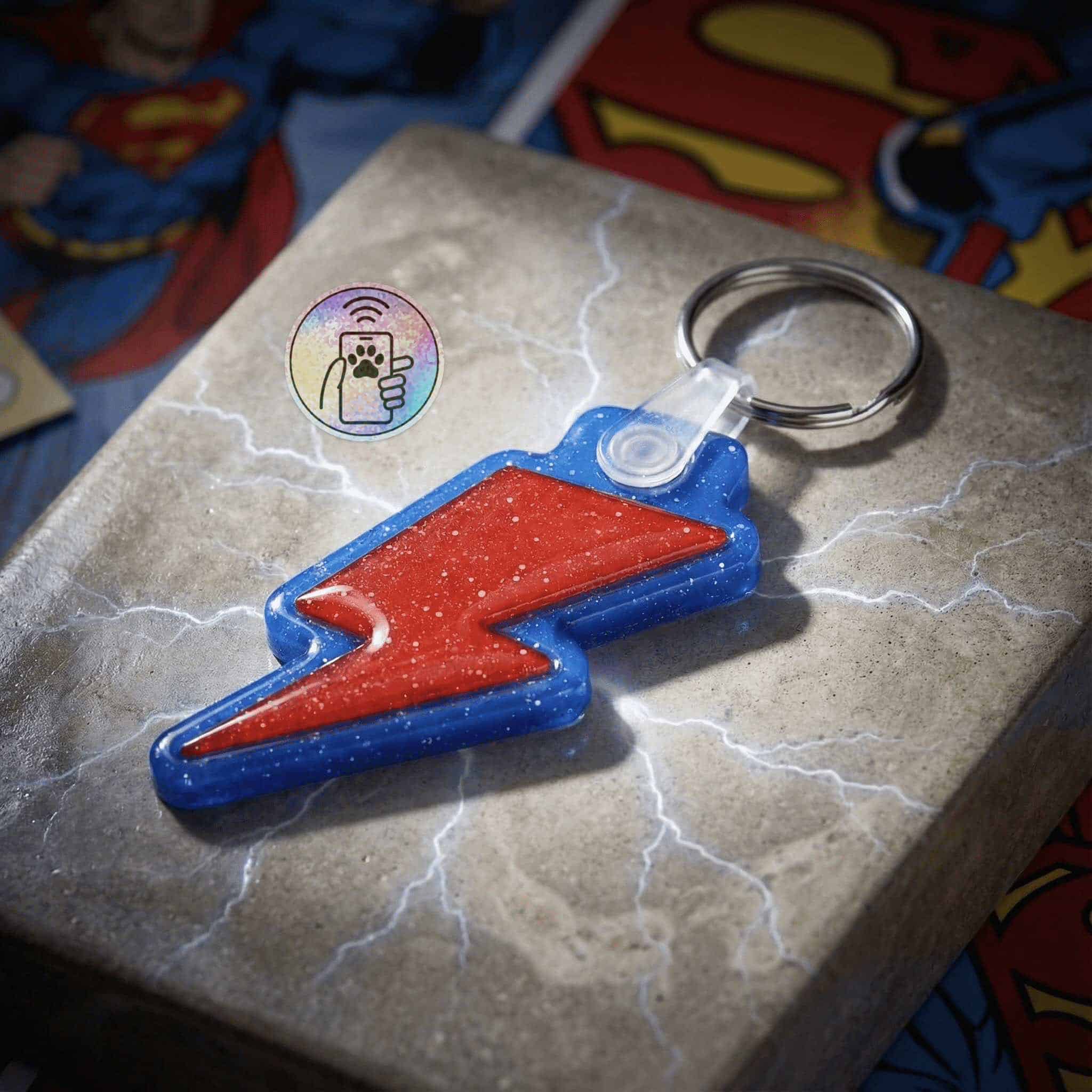 NFC pet ID tag shaped like a lightning bolt, perfect for dogs and cats, featuring a vibrant red and.