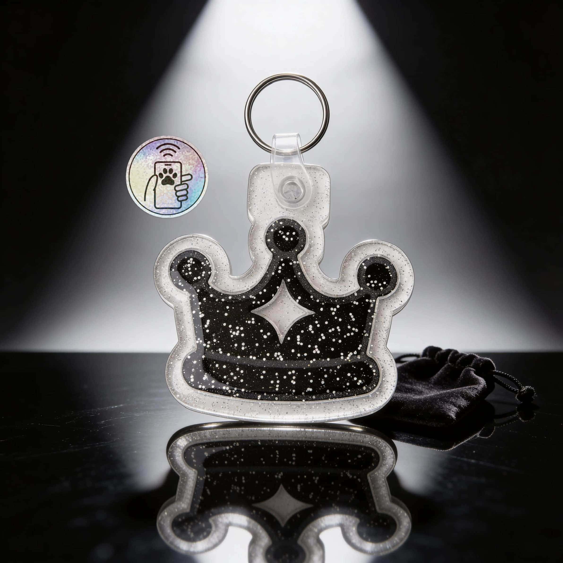 Glitter crown-shaped NFC pet ID tag for dogs and cats with contactless technology.