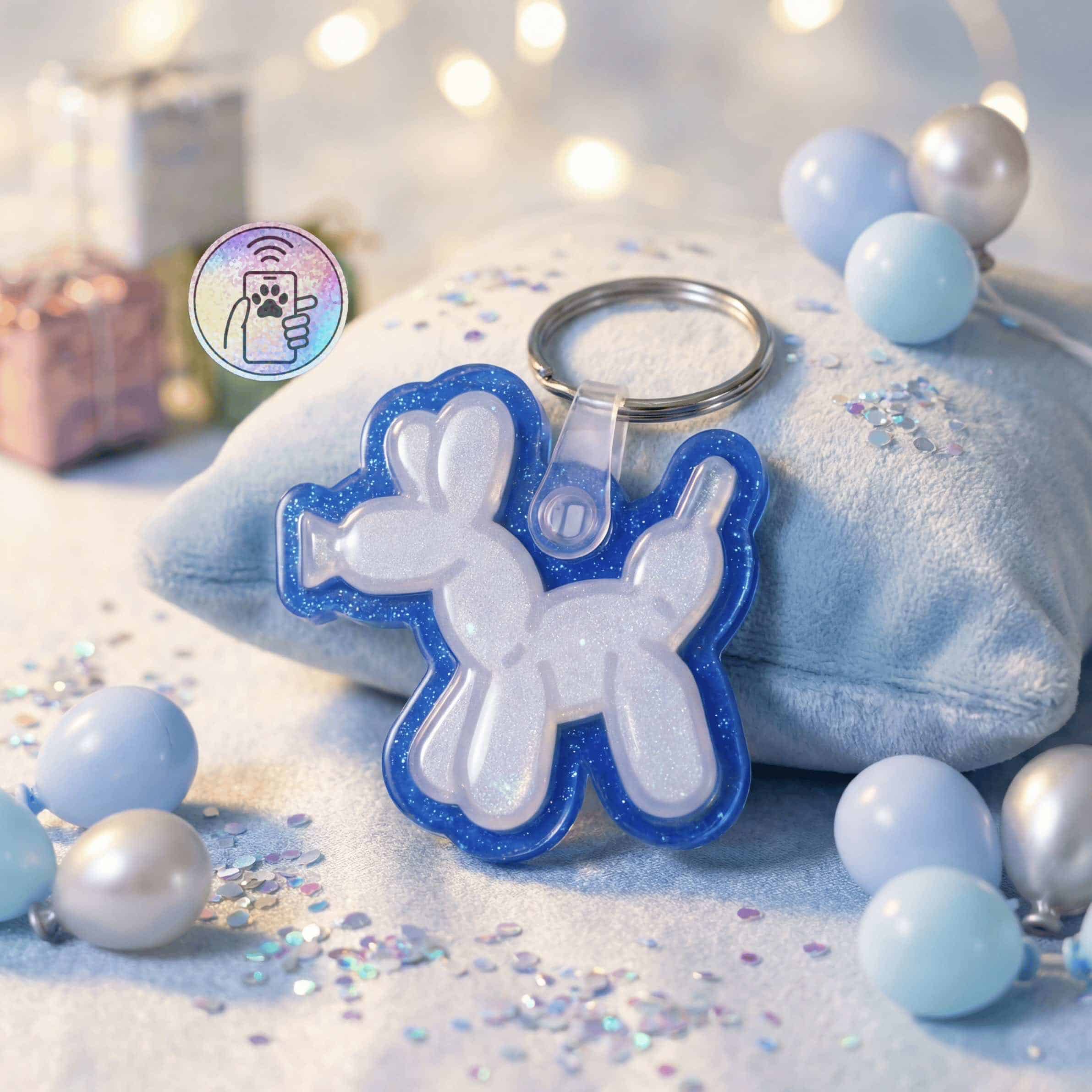 NFC pet ID tag shaped like a unicorn with a blue glitter finish for dogs and cats.