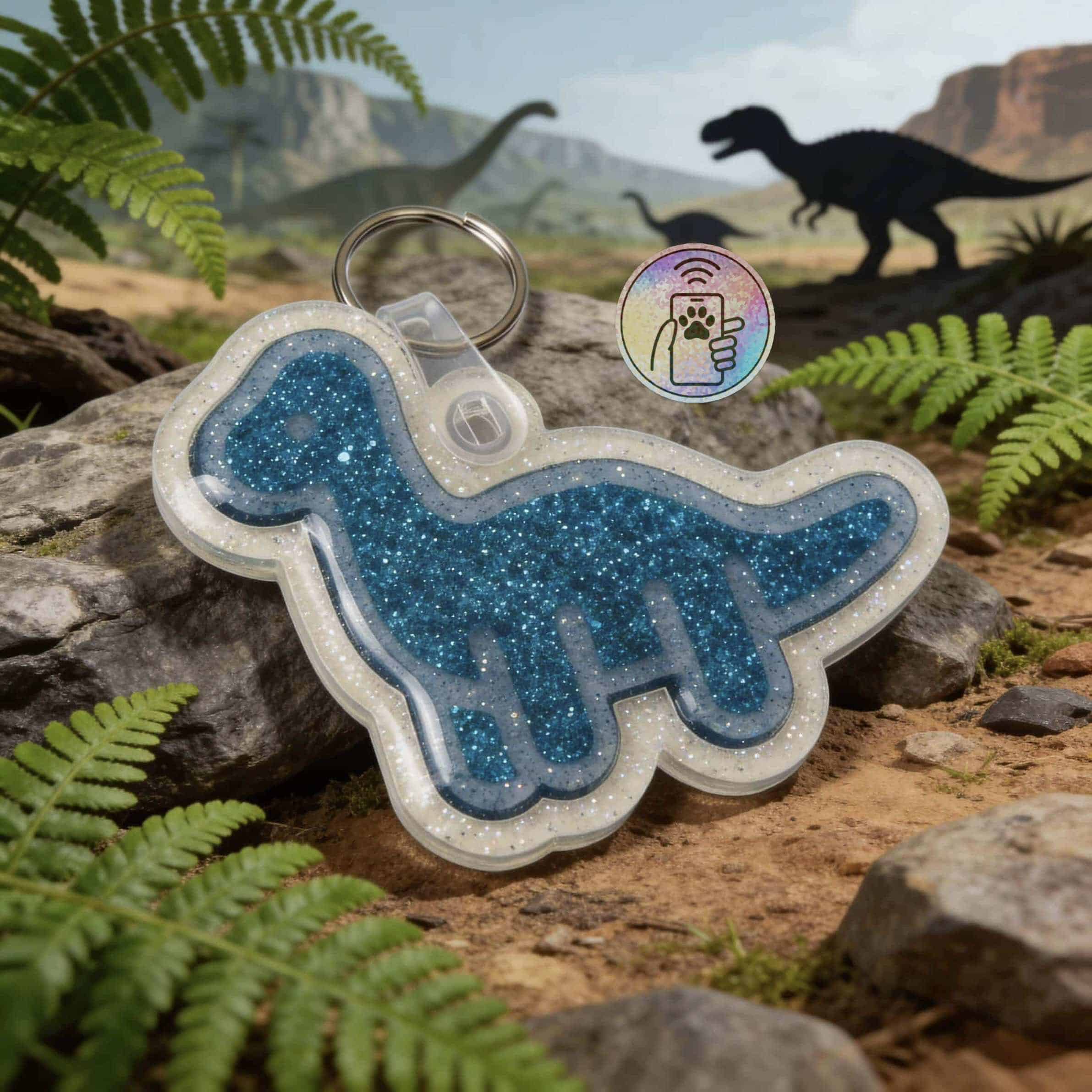 NFC pet ID tag shaped like a dinosaur with glitter, designed for dogs and cats, ideal for tracking a.