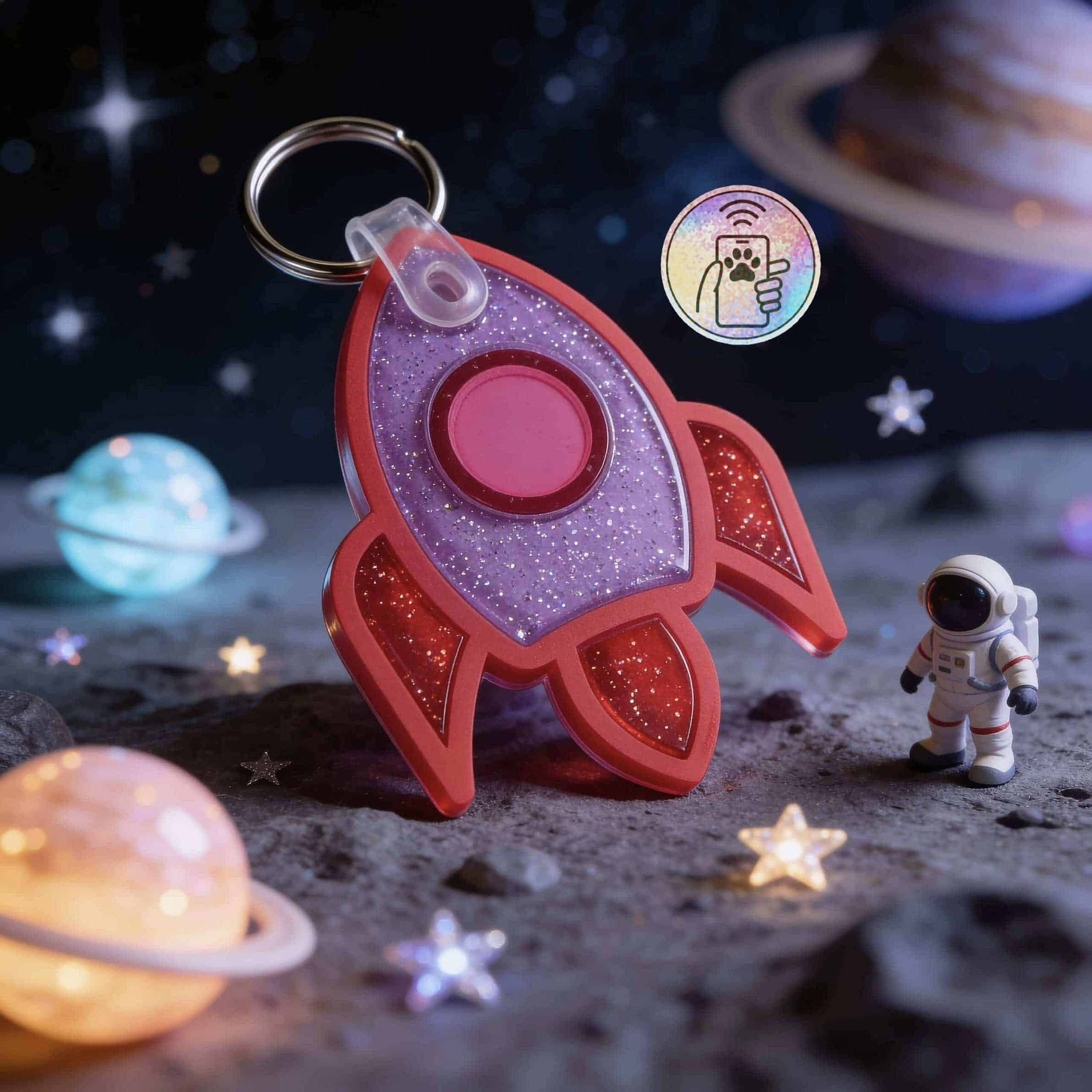 NFC pet ID tag shaped like a rocket with glittery purple and red accents, perfect for pets.