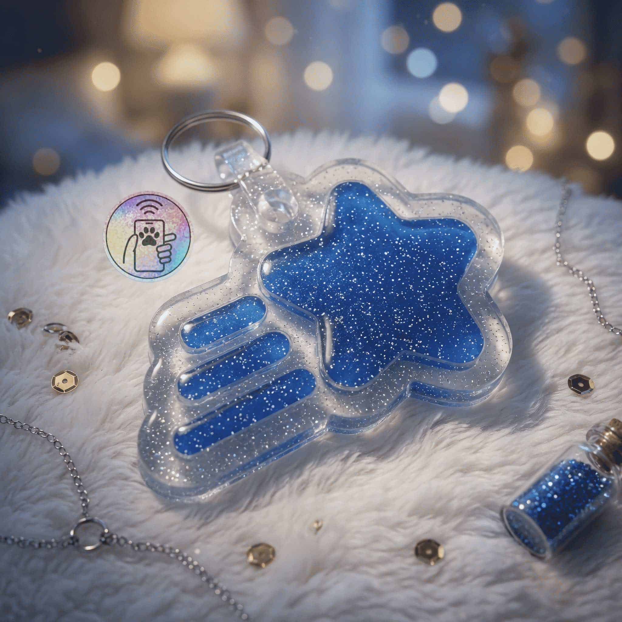 Glittery blue star and hand-shaped NFC pet ID tag on white furry surface.