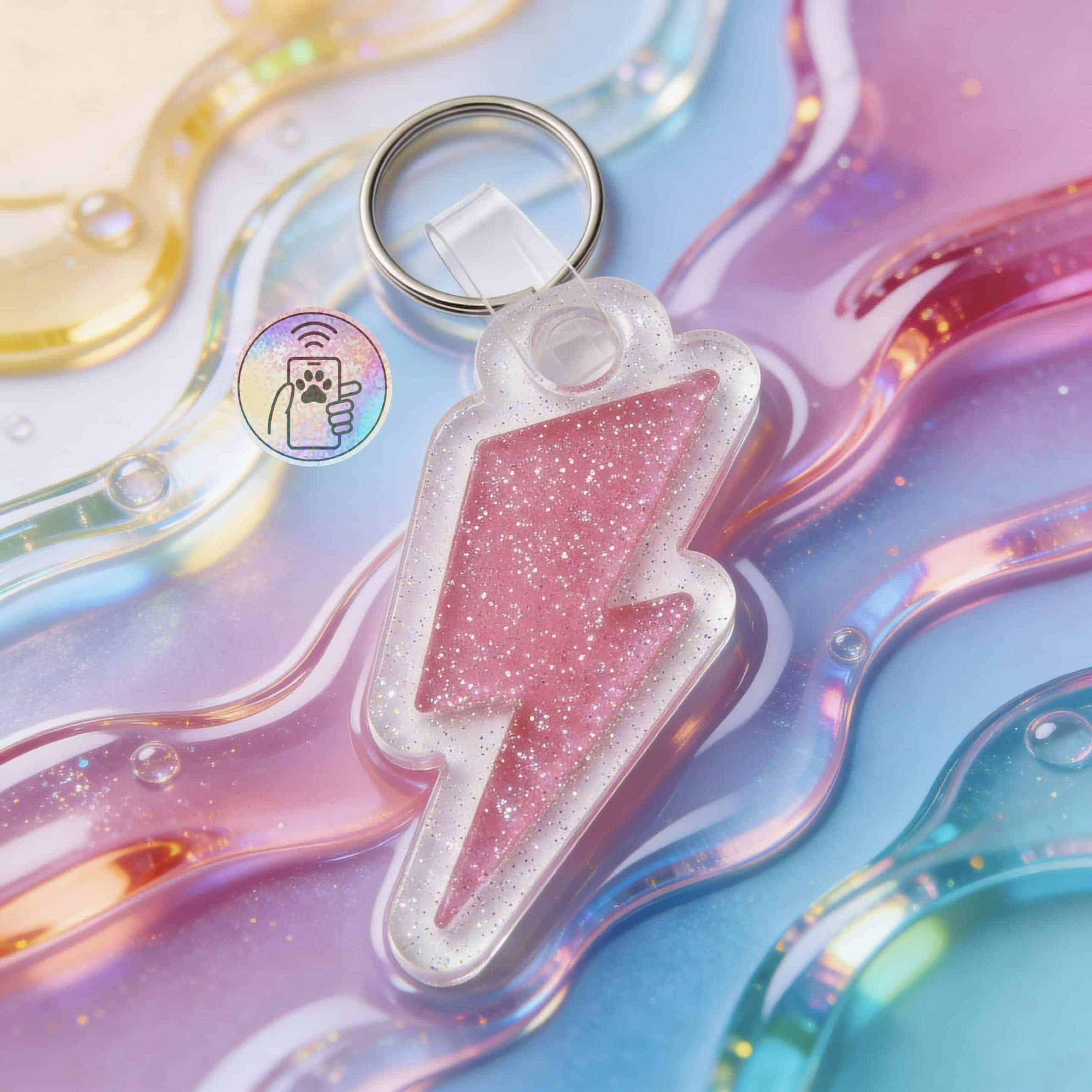 Glittery pink lightning bolt NFC pet ID tag for dogs and cats.