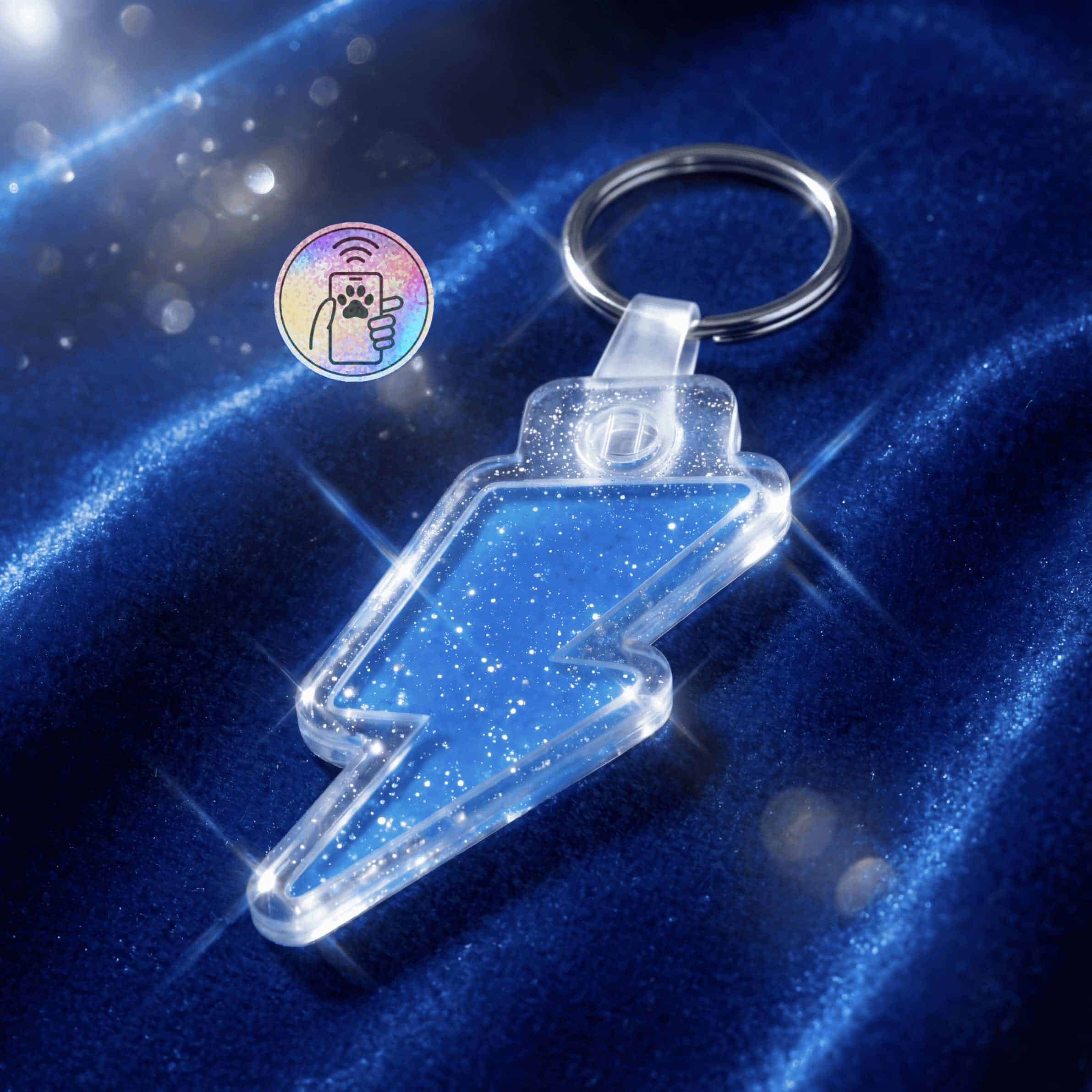 NFC pet ID tag shaped like a lightning bolt with glitter, ideal for dogs and cats.