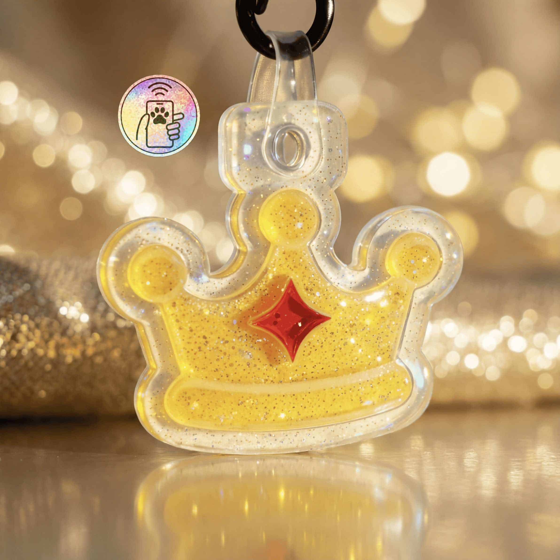 NFC pet ID tag shaped like a crown in clear acrylic with yellow glitter and red star detail for dogs.