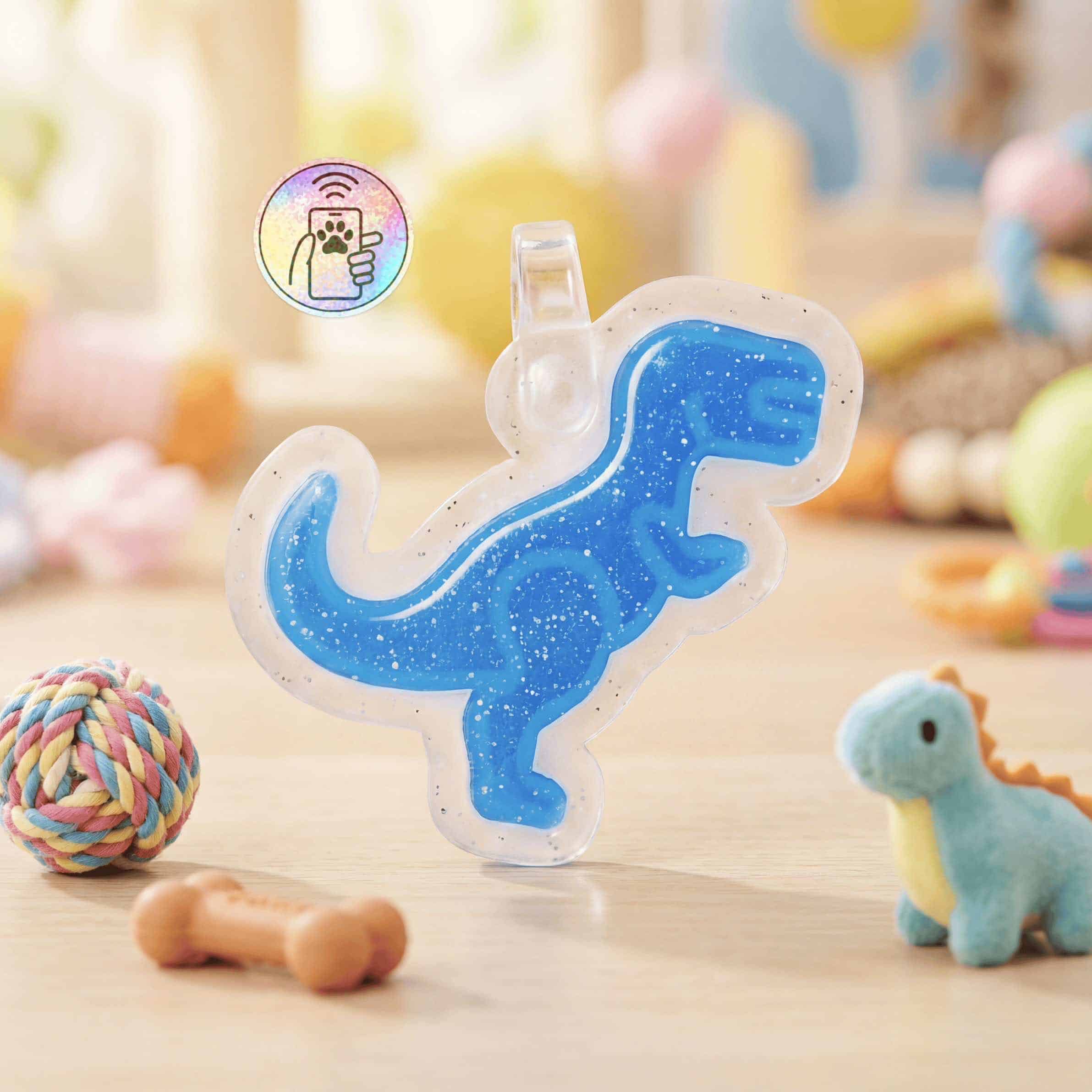 NFC pet ID tag shaped like a dinosaur, designed for dogs and cats, featuring a blue glitter finish.