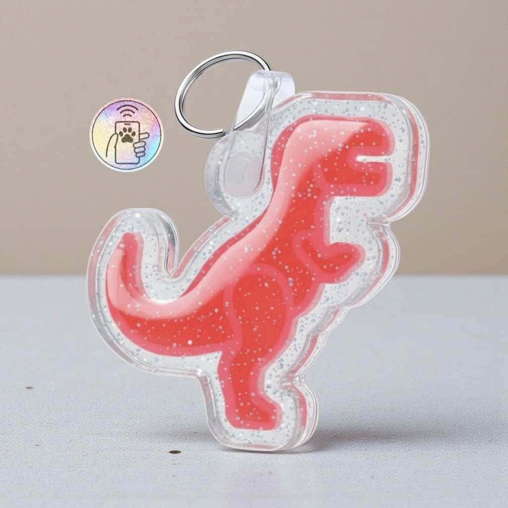 NFC pet ID tag shaped like a dog in clear acrylic with pink glitter interior, designed for dogs and.