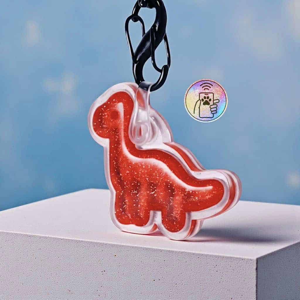NFC-enabled dog ID tag in a fun, colorful acrylic shape, perfect for pet safety and style.