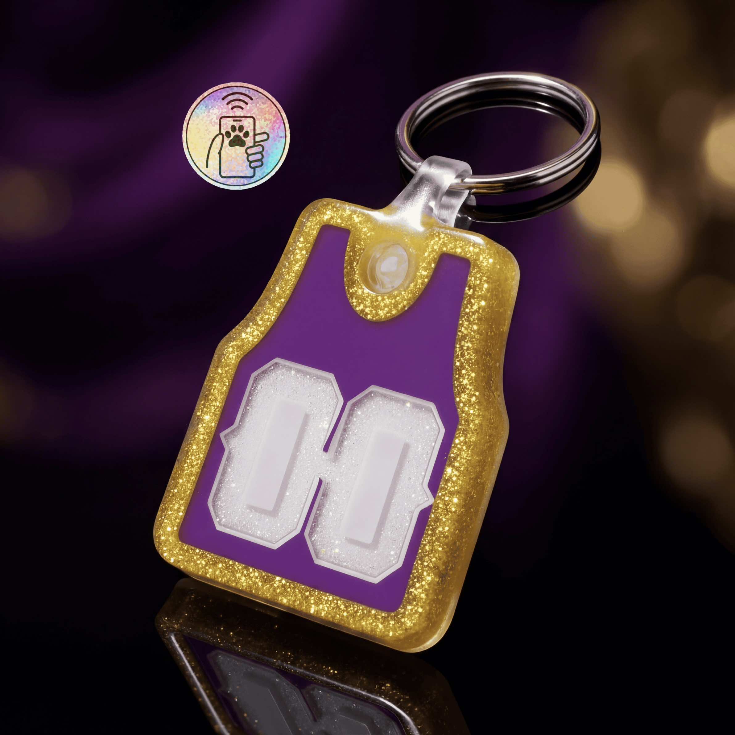 NFC pet ID tag shaped like a number with glitter gold border and purple background.