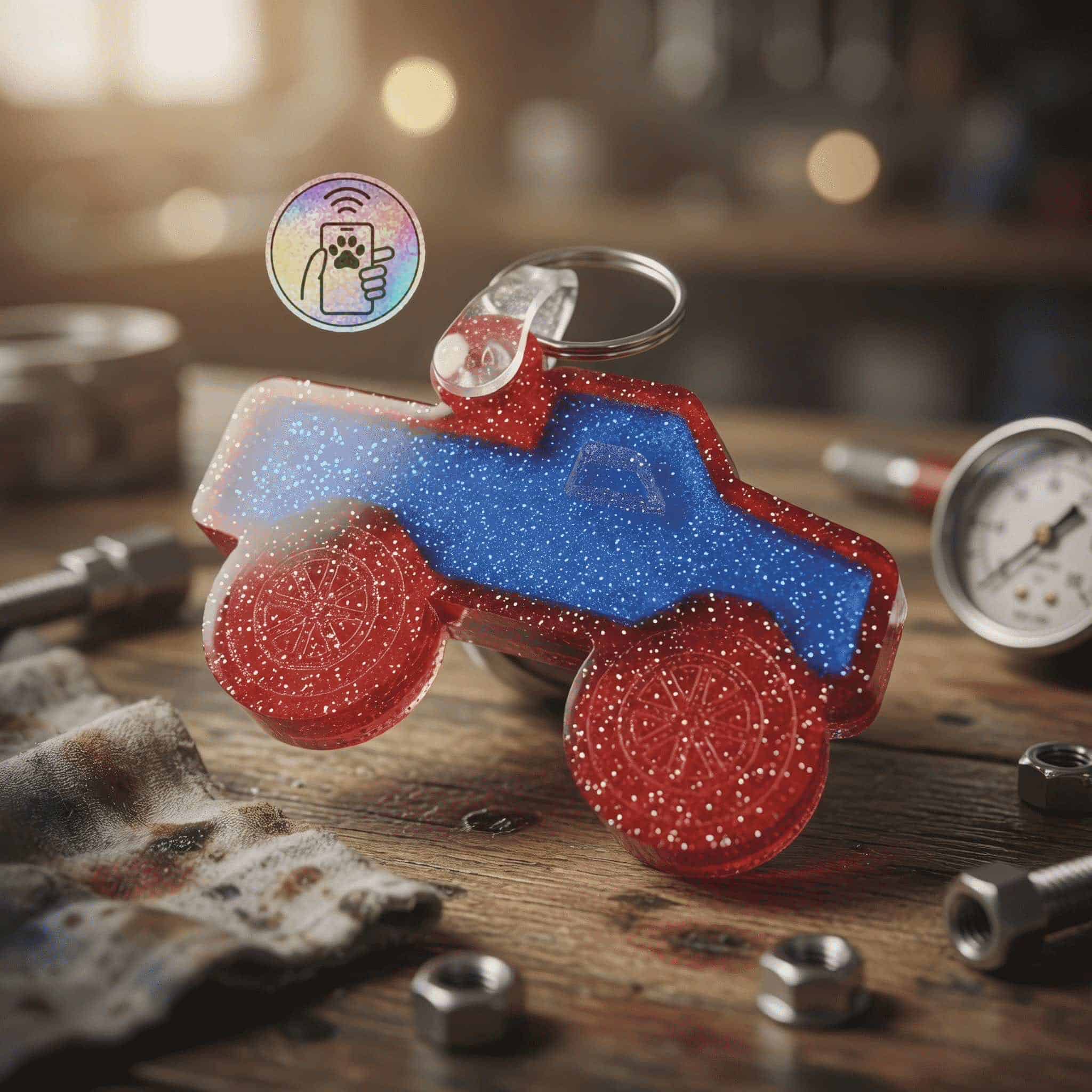 NFC pet ID tag in tractor shape with glitter, perfect for dogs and cats' identification.