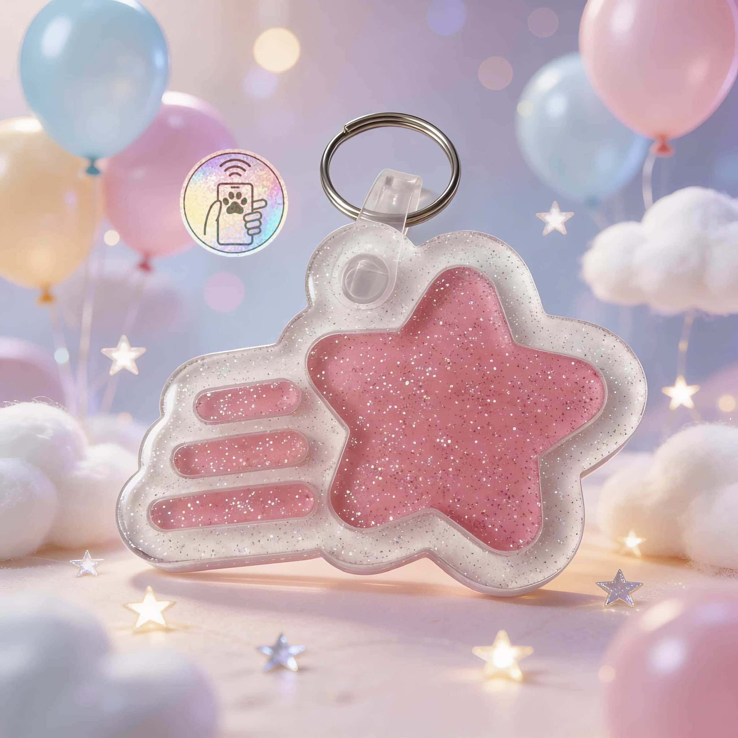 NFC pet ID tag shaped like a star with pink glitter, designed for dogs and cats. Features a keyring.