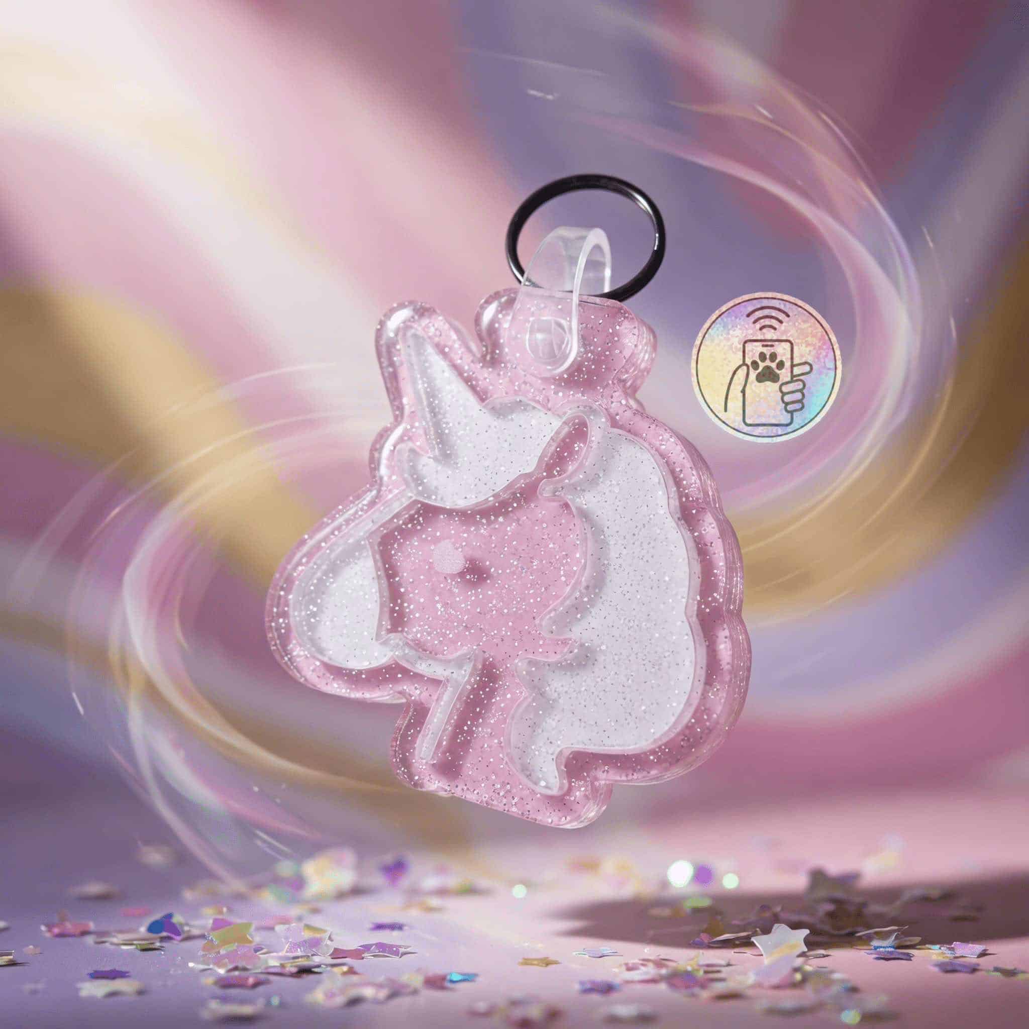 Glittery pink and white unicorn-shaped NFC pet ID tag for dogs and cats.
