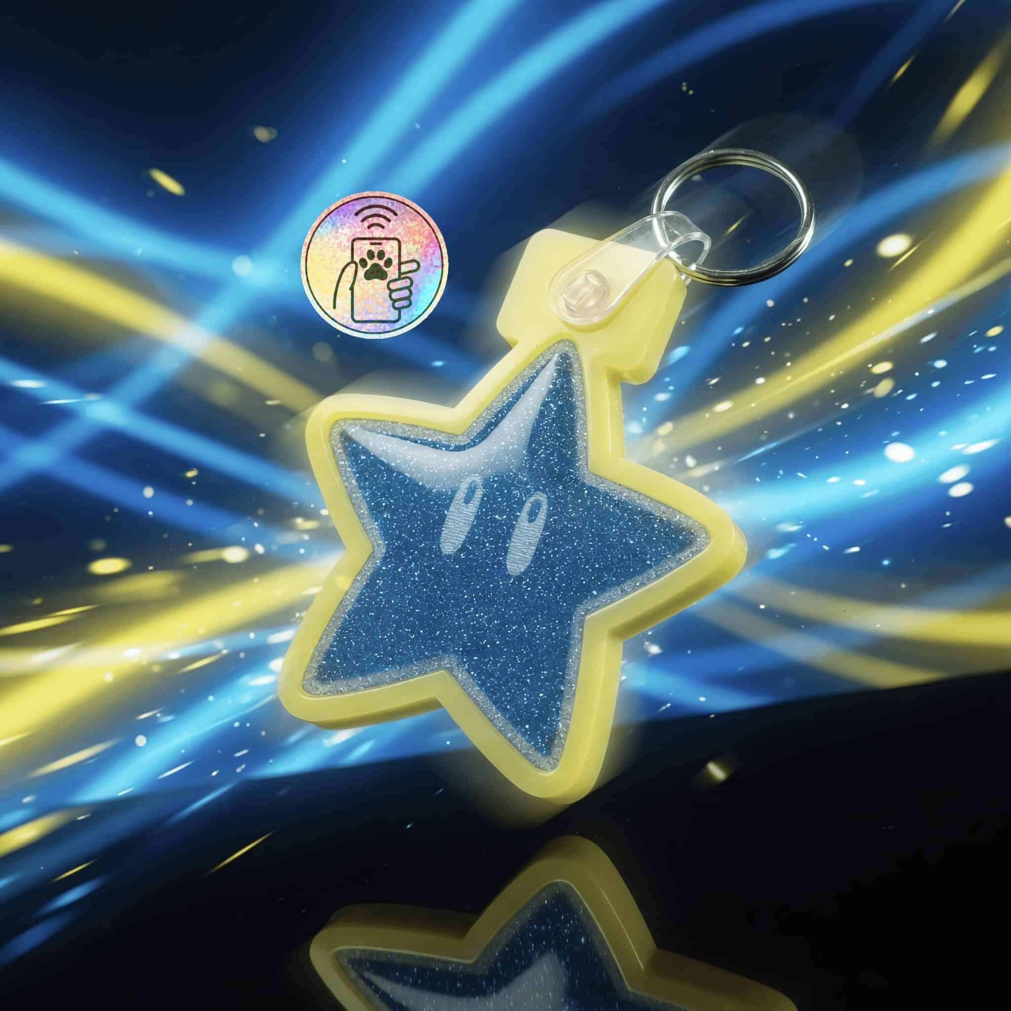 NFC pet ID tag in star shape with a blue glitter finish and yellow border, designed for pets.