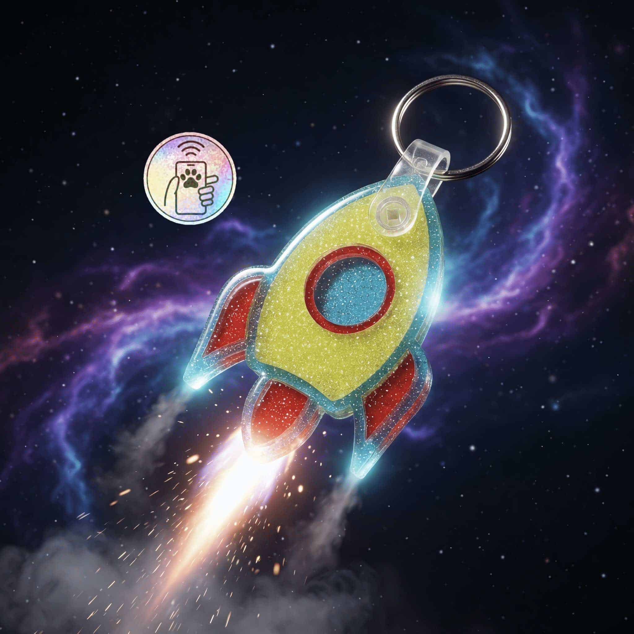 NFC pet ID tag designed like a rocket, perfect for dogs and cats, with space background and keyring.