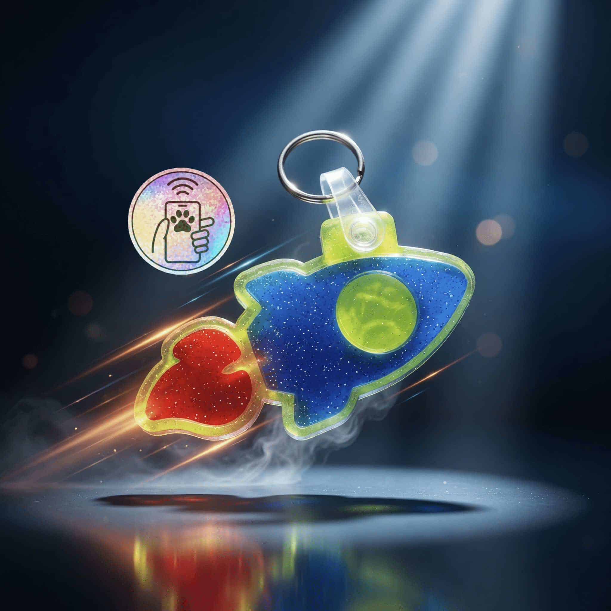 NFC pet ID tag in rocket shape with glow-in-the-dark design for dogs and cats.