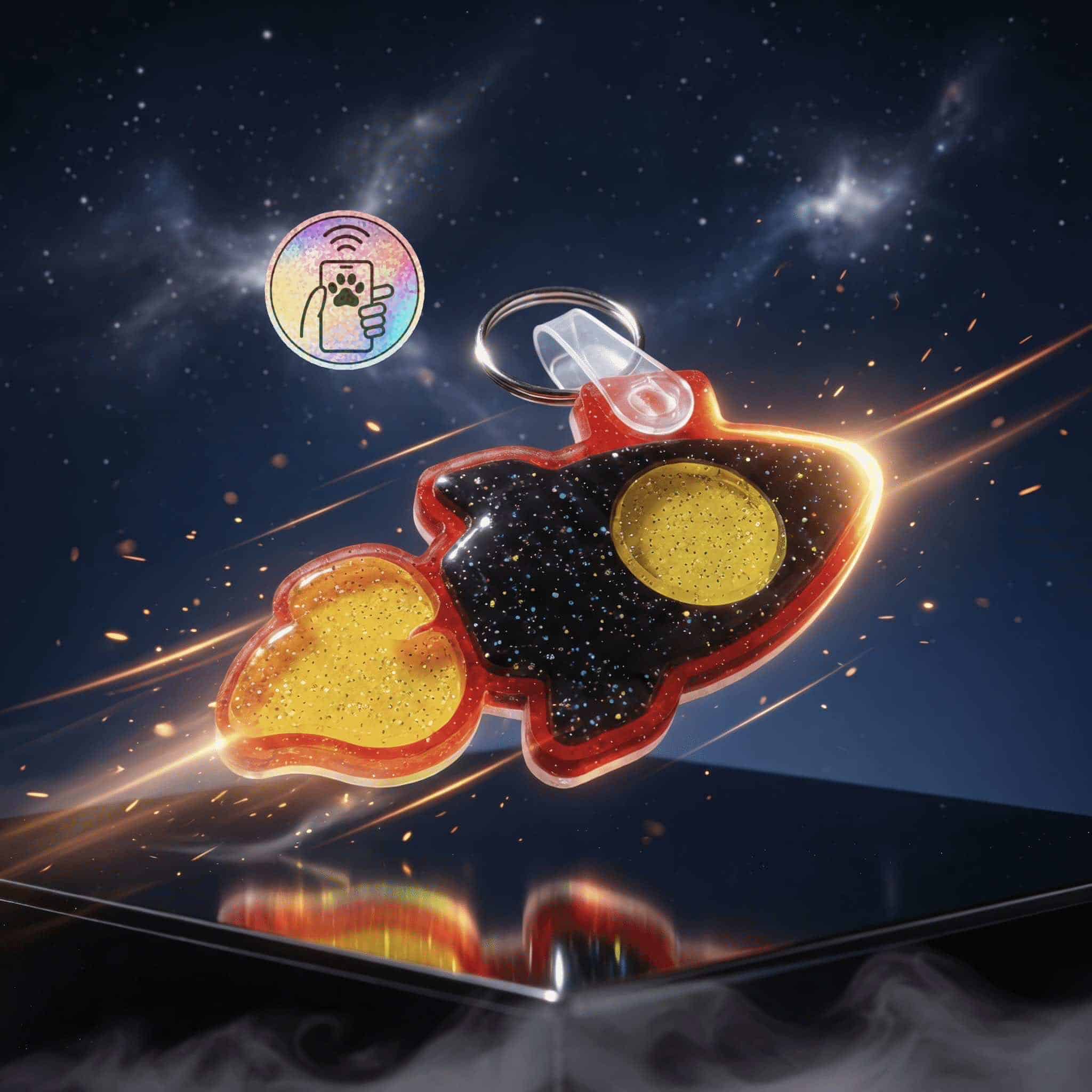 Bright galaxy-themed rocket-shaped pet ID tag with glowing accents.