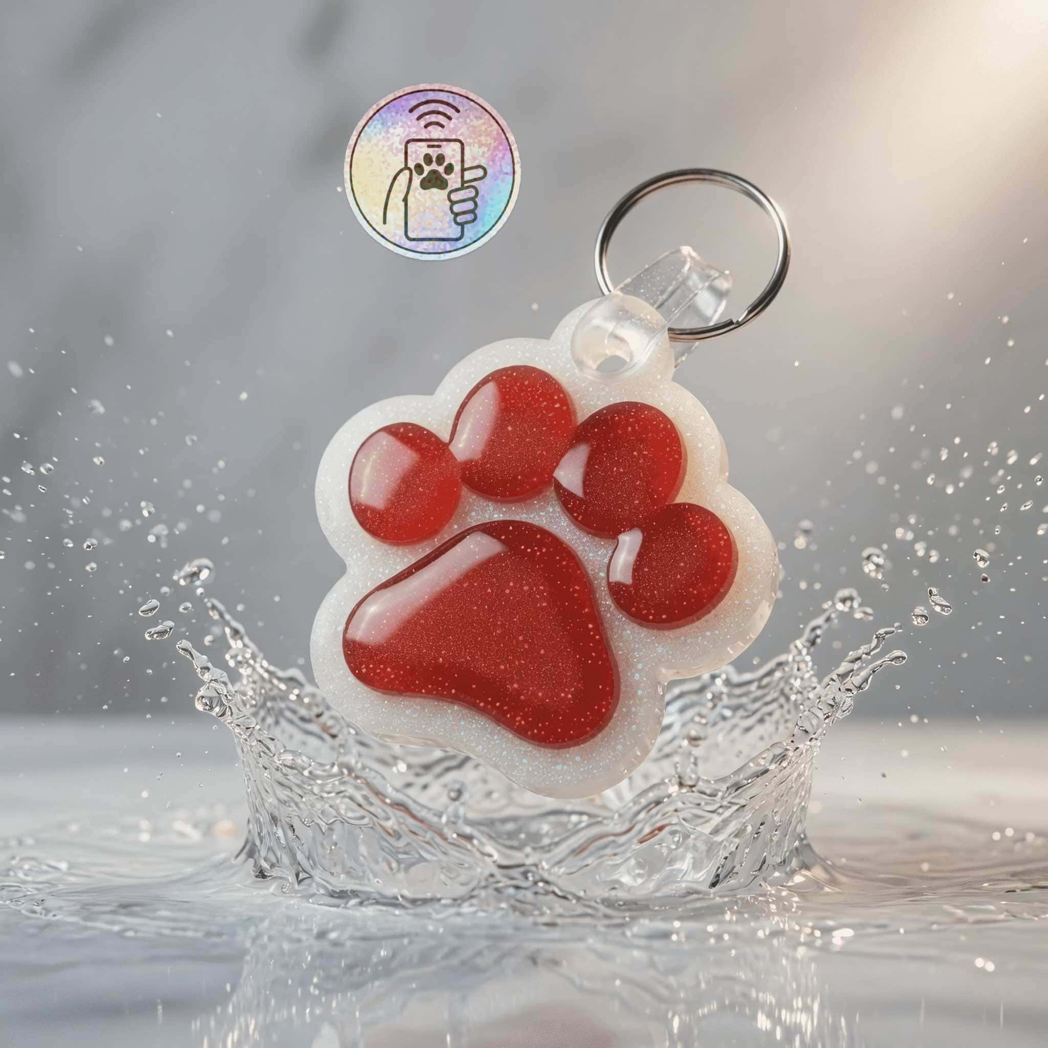 ID tag shaped like a paw, made of red acrylic, designed for pets, with a metal ring for attachment.