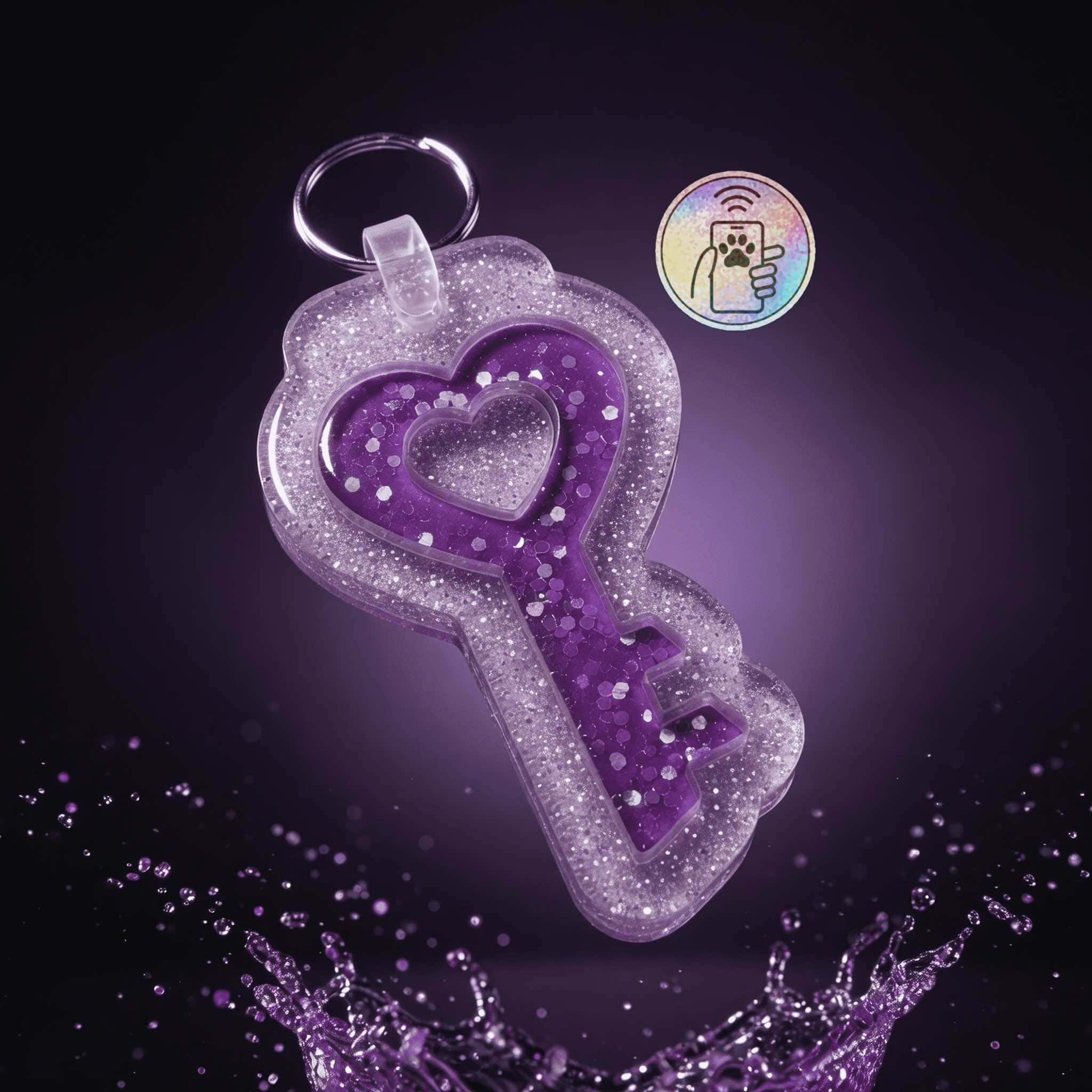 Glitter key-shaped pet ID tag with heart and key design, perfect for dogs and cats.