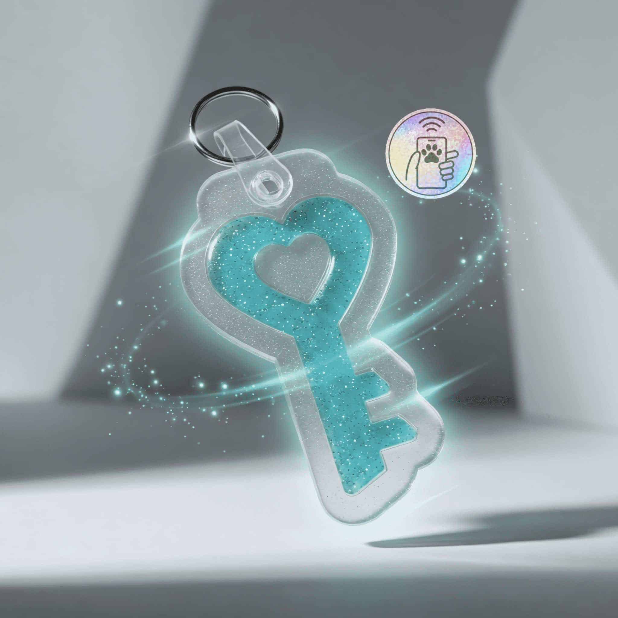 NFC pet ID tag in the shape of a key with a heart cutout, glowing effect, and keyring for dogs and c.