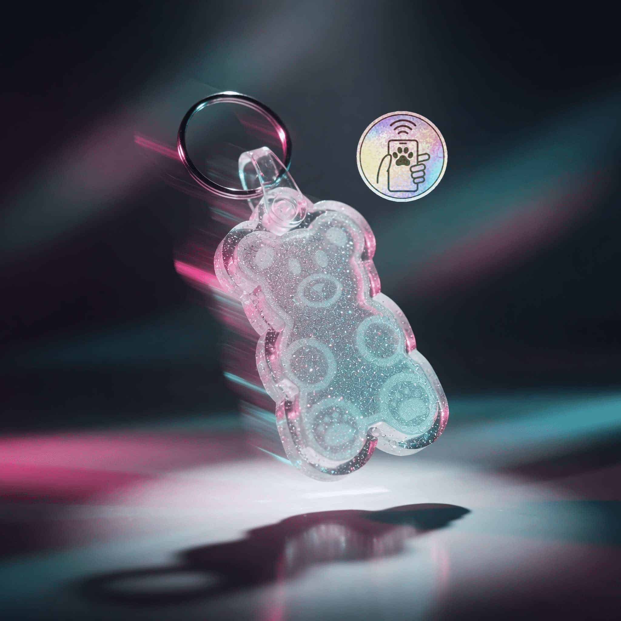 NFC pet ID tag shaped like a bear with glitter and keyring for dogs and cats.