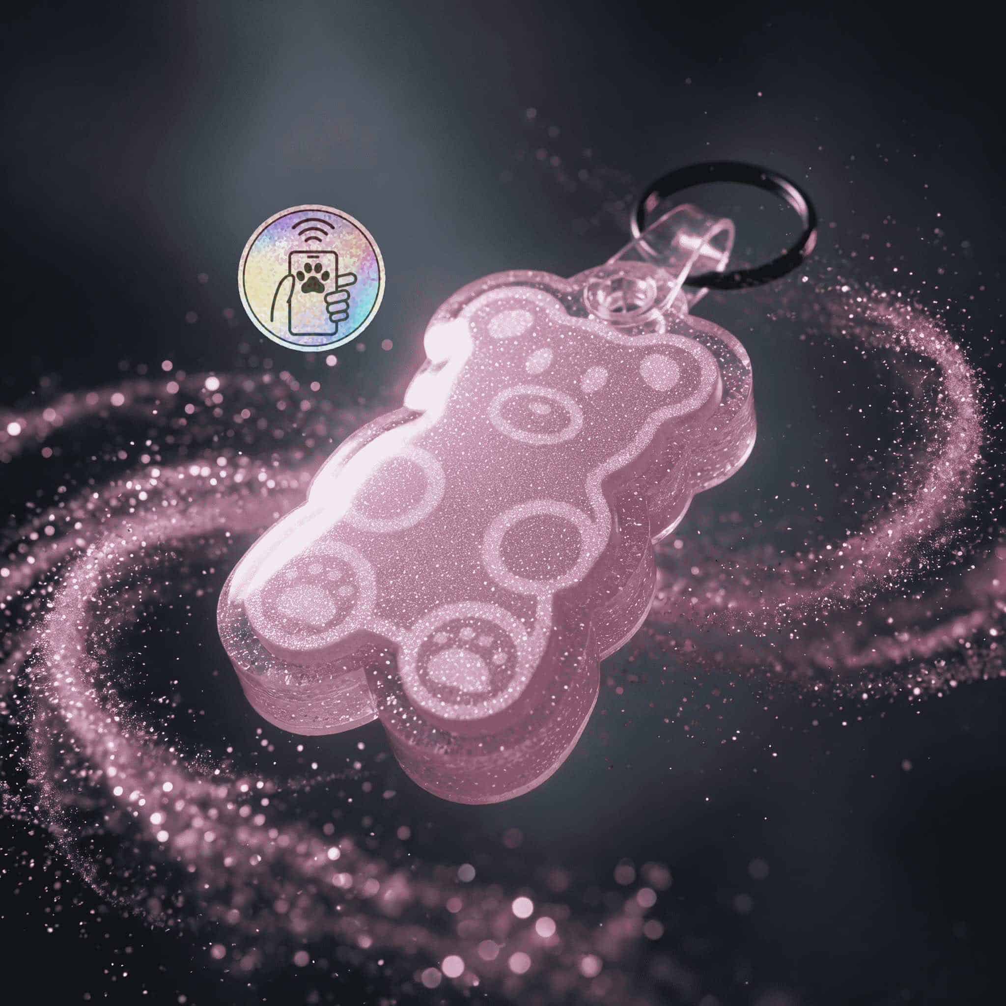 NFC pet ID tag shaped like a gummy bear, designed for dogs and cats, with a black attachment ring.