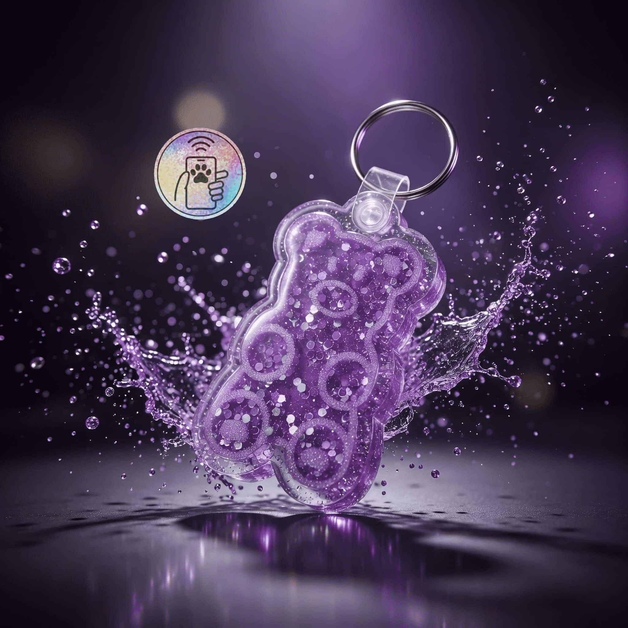 Pet ID tag shaped like a bear, made of transparent purple acrylic with water splash effect.