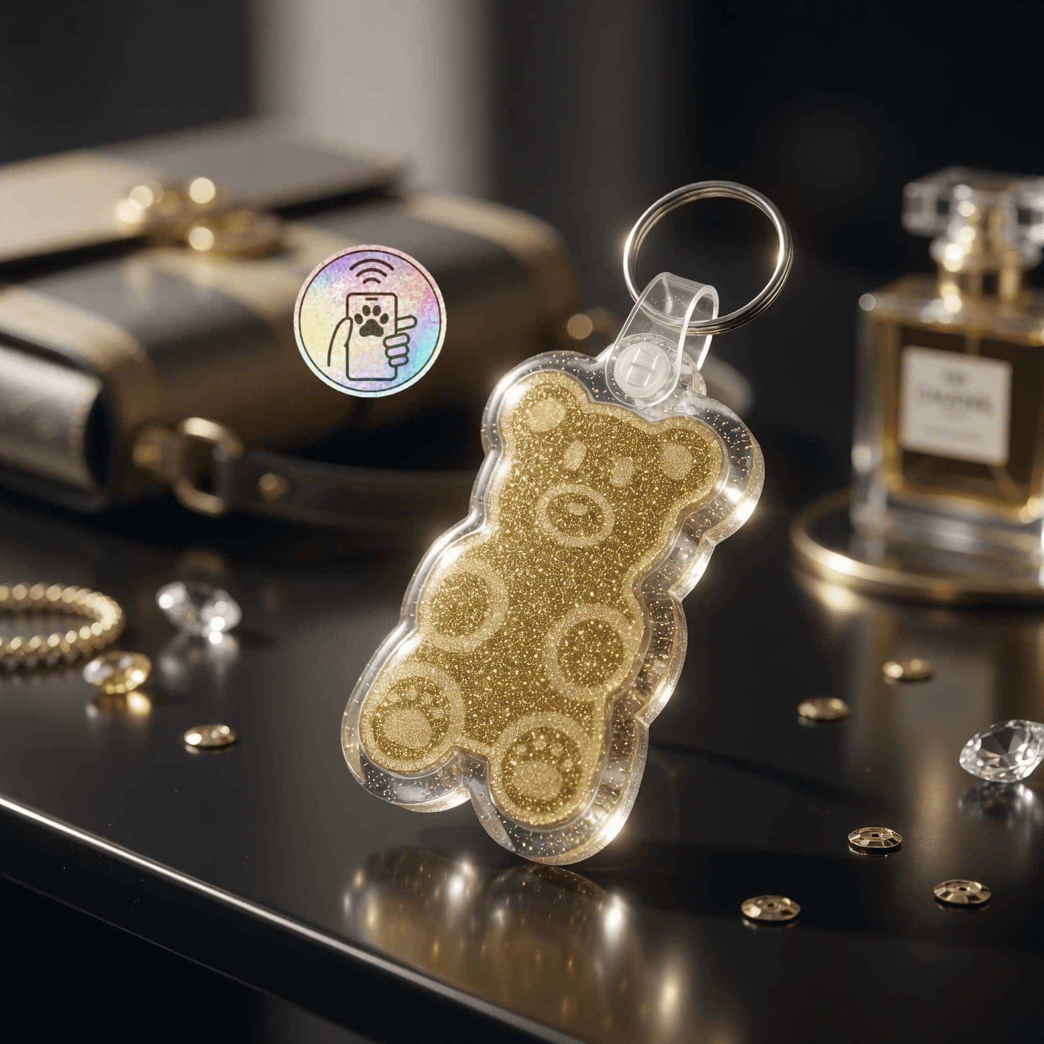 Gold glitter teddy bear-shaped NFC pet ID tag for dogs and cats.