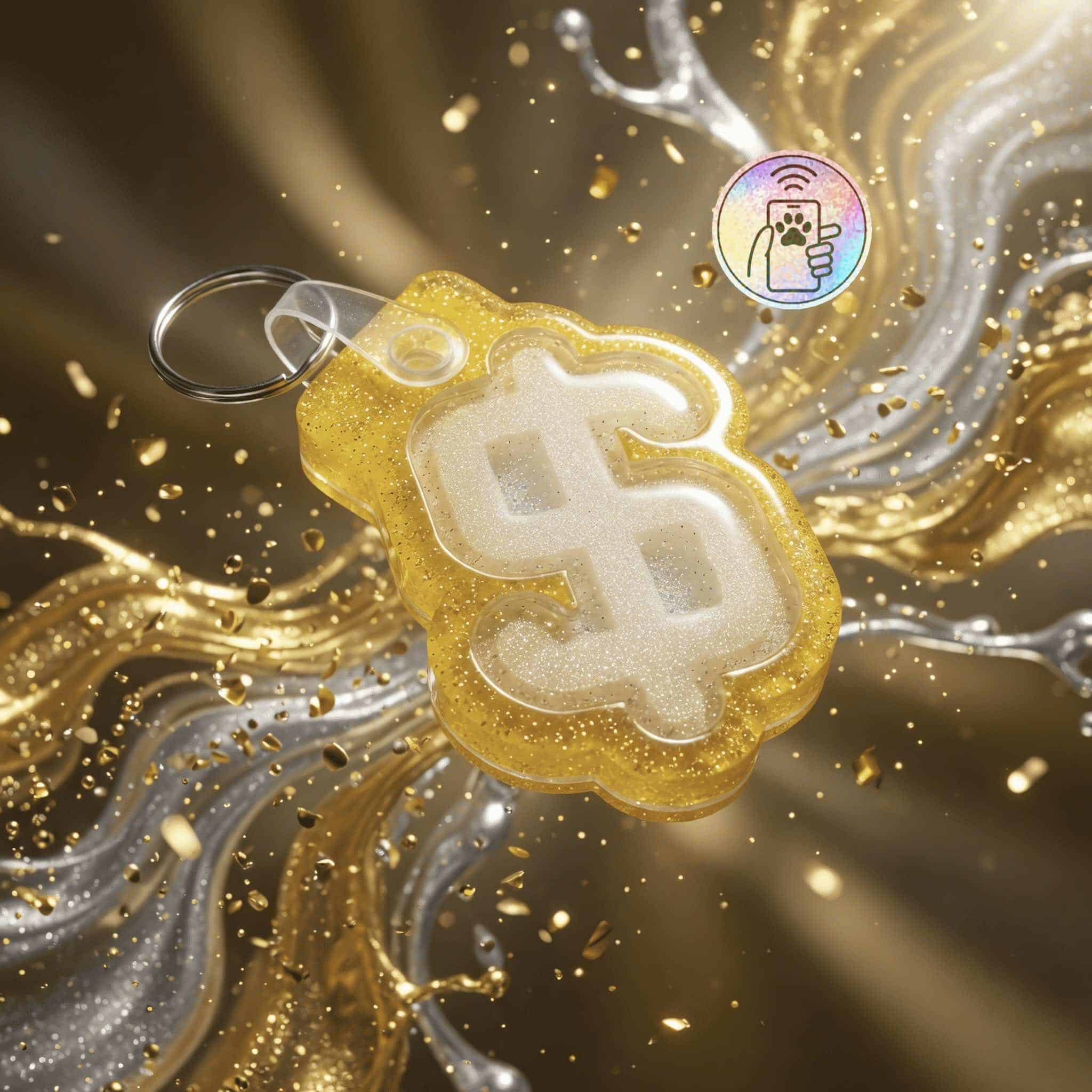 Gold NFC pet ID tag shaped like a dollar sign with a keyring for dogs and cats.