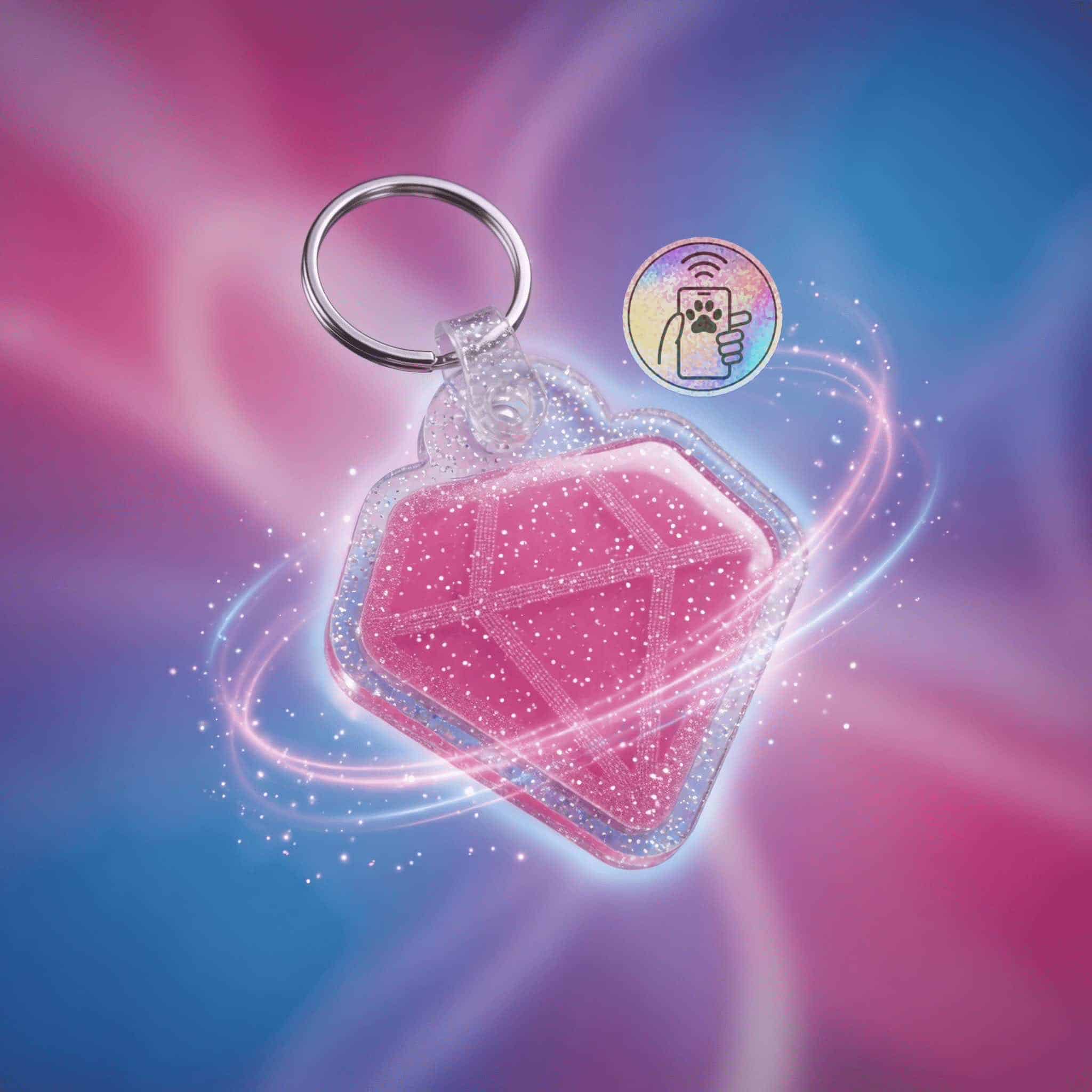 Pink acrylic pet ID tag with NFC chip for dogs and cats, shaped like a diamond.