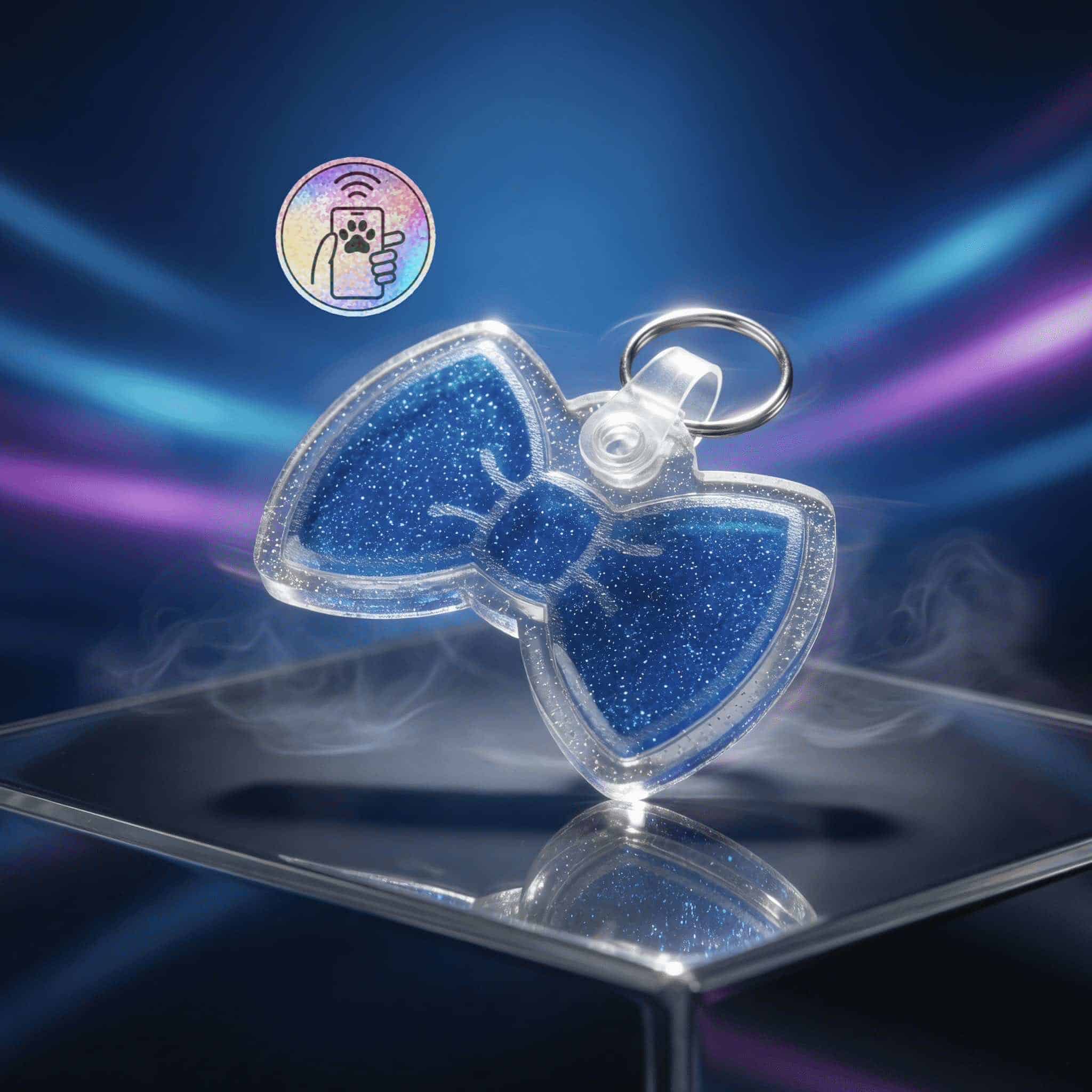 Glitter blue bow-shaped NFC pet ID tag for dogs and cats with smart technology.