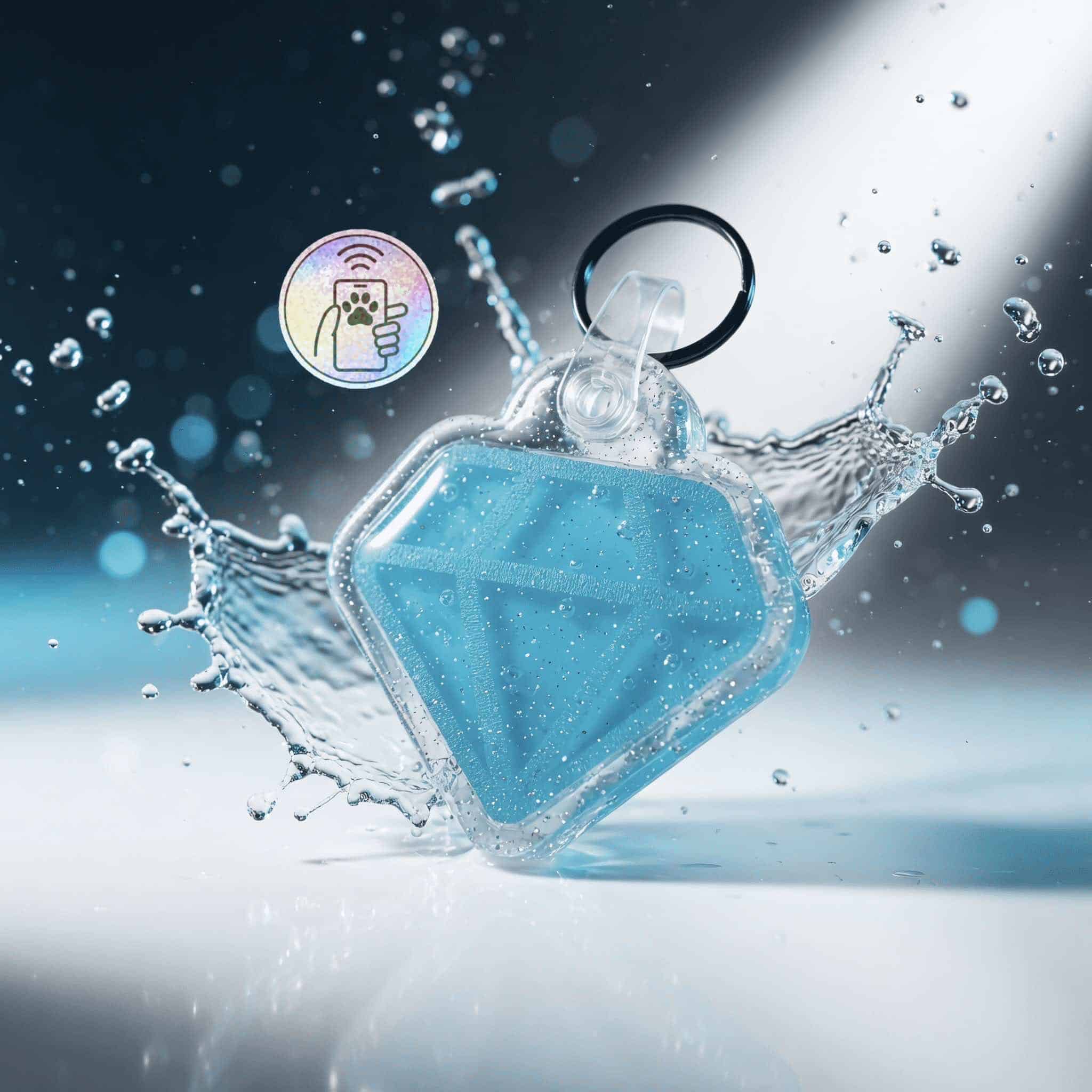 Blue acrylic NFC pet ID tag with keyring, splash background, waterproof design.
