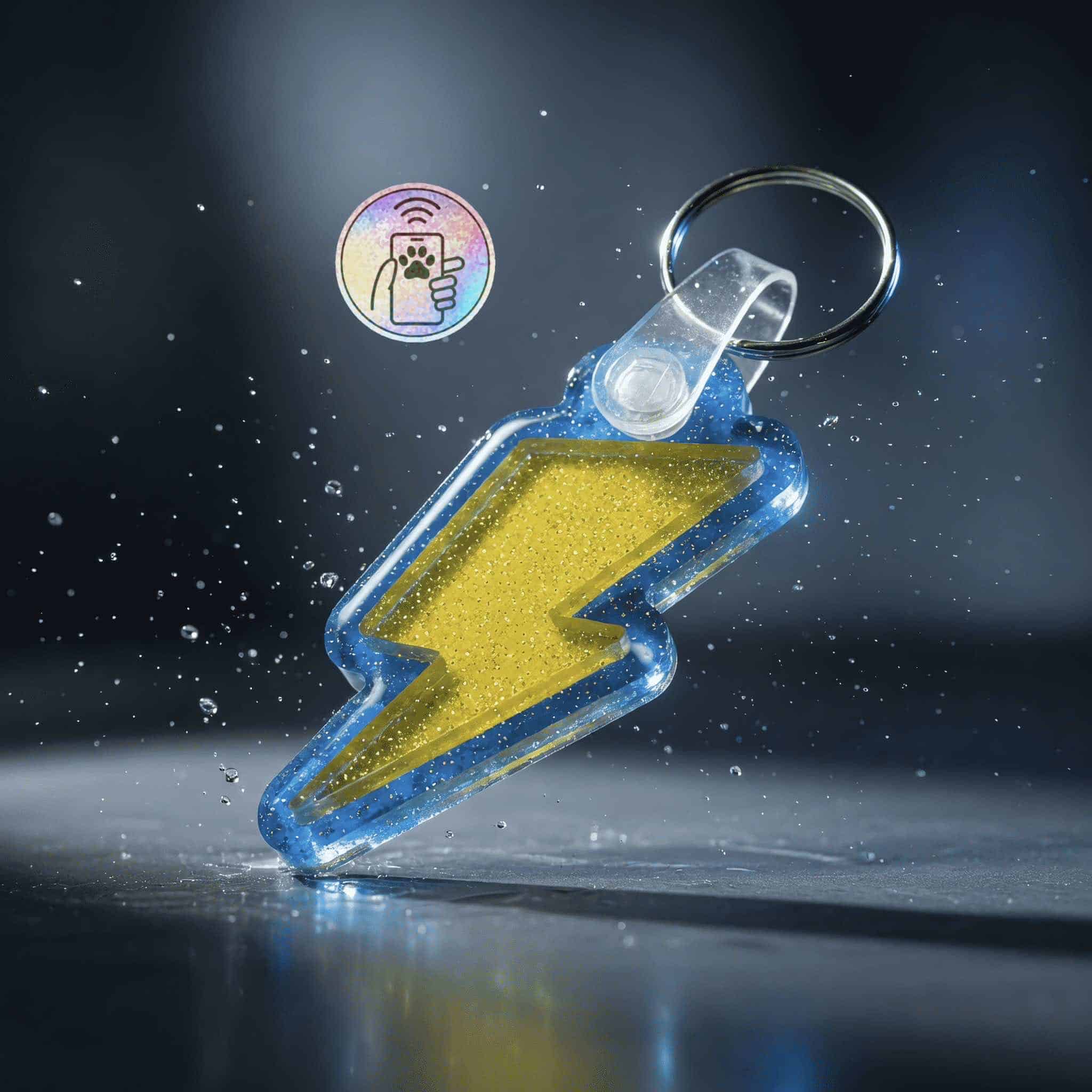 Bright yellow lightning bolt-shaped NFC pet ID tag with a clear acrylic backing.