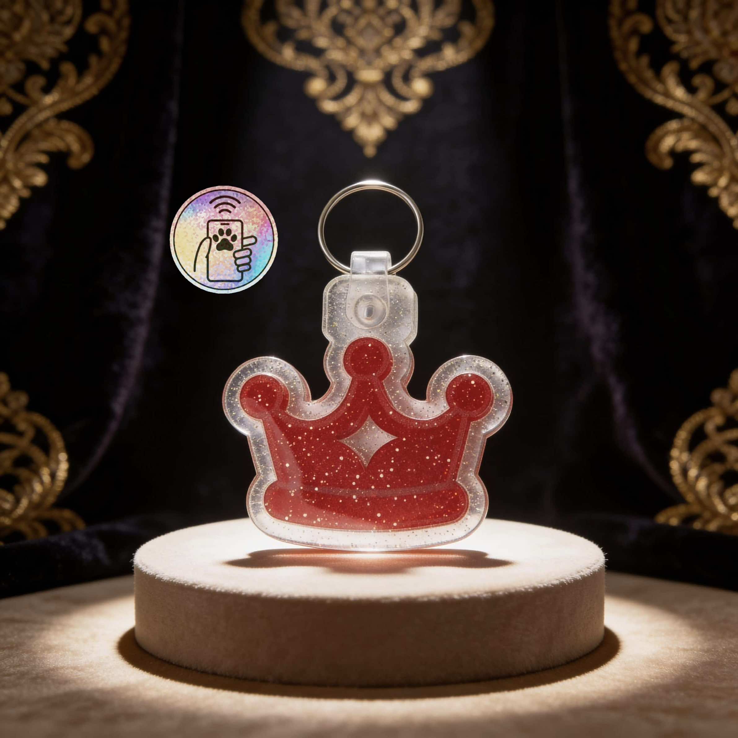 NFC pet ID tag shaped like a crown with red glitter, perfect for dogs and cats.