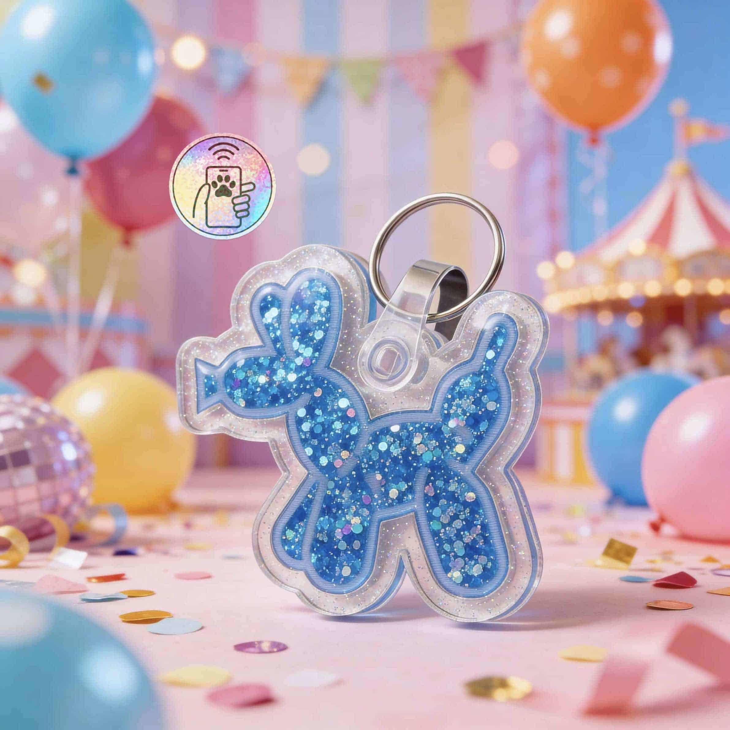 NFC pet ID tag shaped like a unicorn with blue glitter, perfect for dogs and cats.