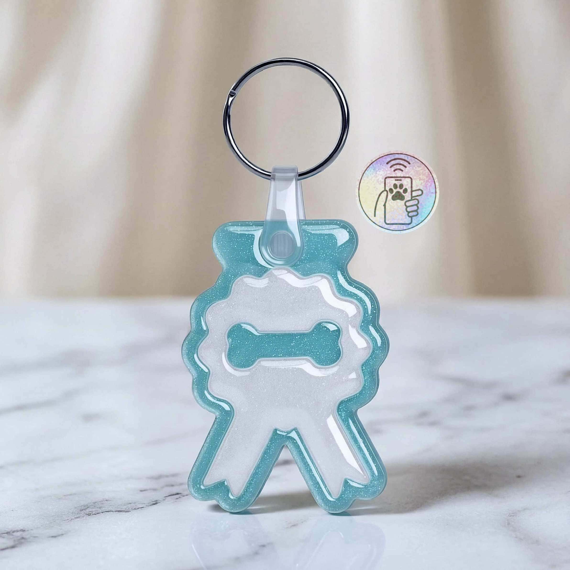 Pet ID tag shaped like a ribbon with a bone symbol, made of durable acrylic, perfect for dogs and ca.