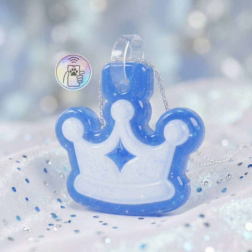 Blue and white crown-shaped NFC pet ID tag with chain for dogs and cats.