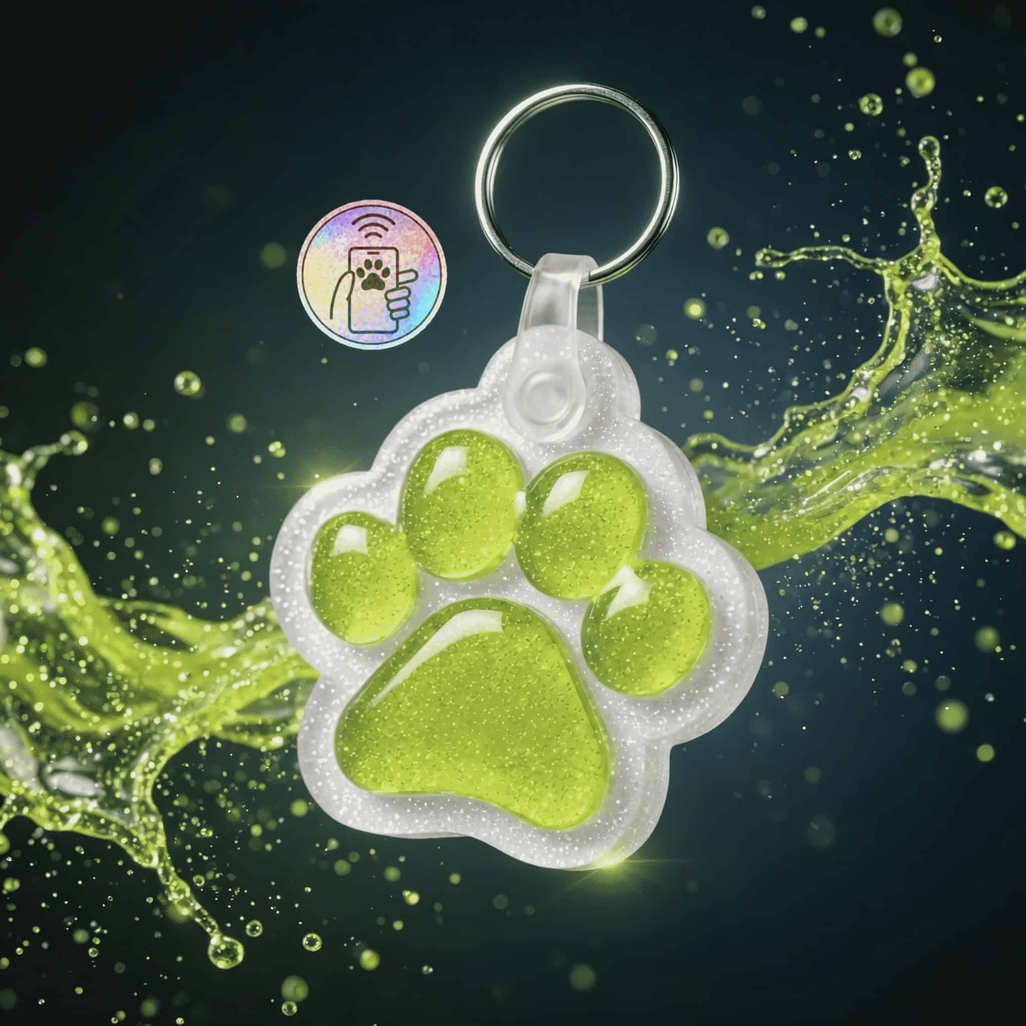 NFC pet ID tag in paw shape with glittery finish, perfect for dogs and cats' safety.