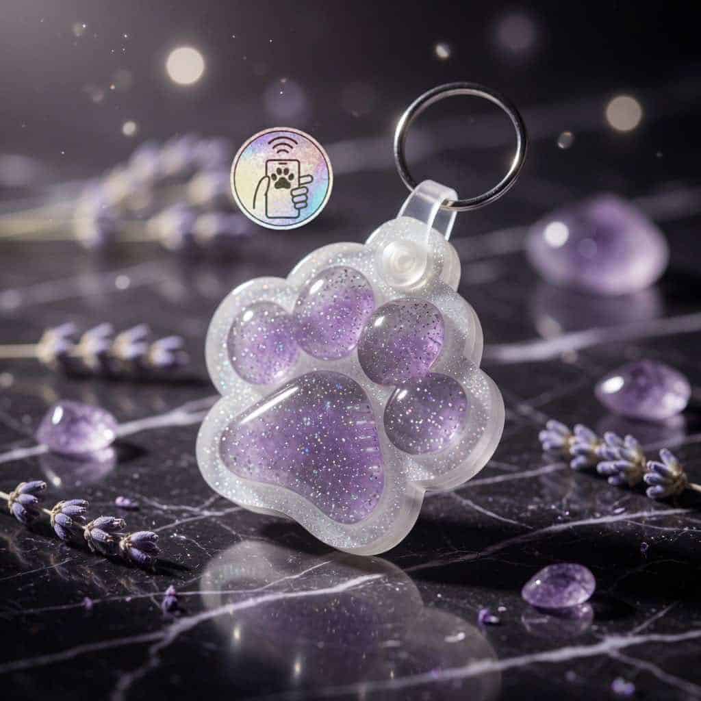 Glitter paw-shaped NFC pet ID tag in purple and white acrylic with sparkles.
