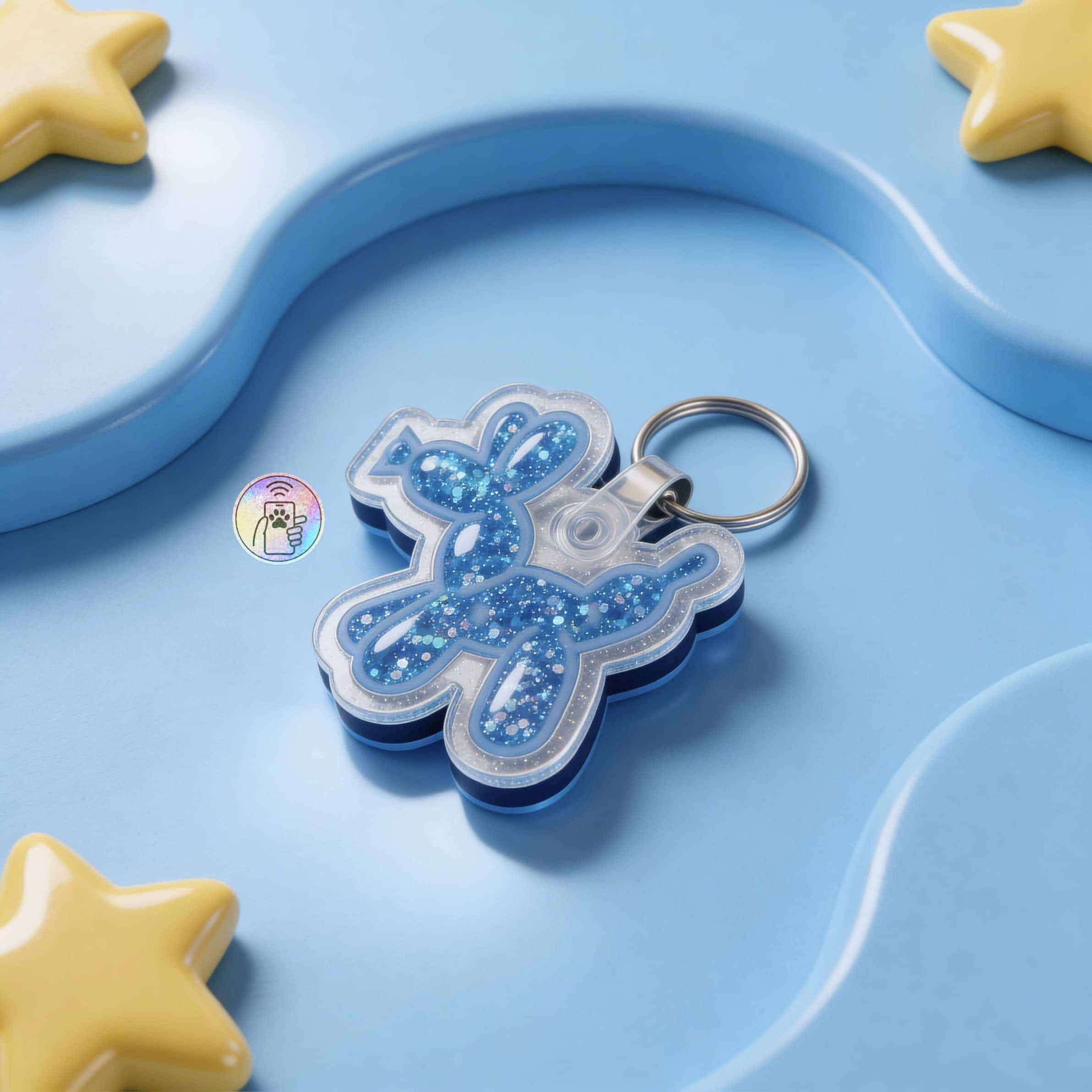 Blue glitter unicorn-shaped NFC pet ID tag with keyring for dogs and cats — Shiloh's House smart NFC pet tag with free companion Lohji app.