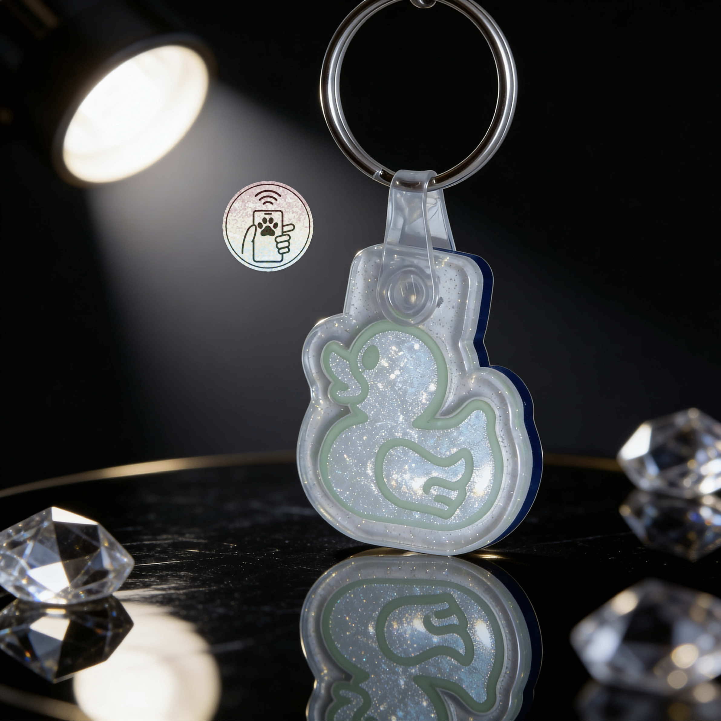 Clear glitter unicorn-shaped NFC pet ID tag with green outline for dogs and cats — Shiloh's House smart NFC pet tag with free companion Lohji app.