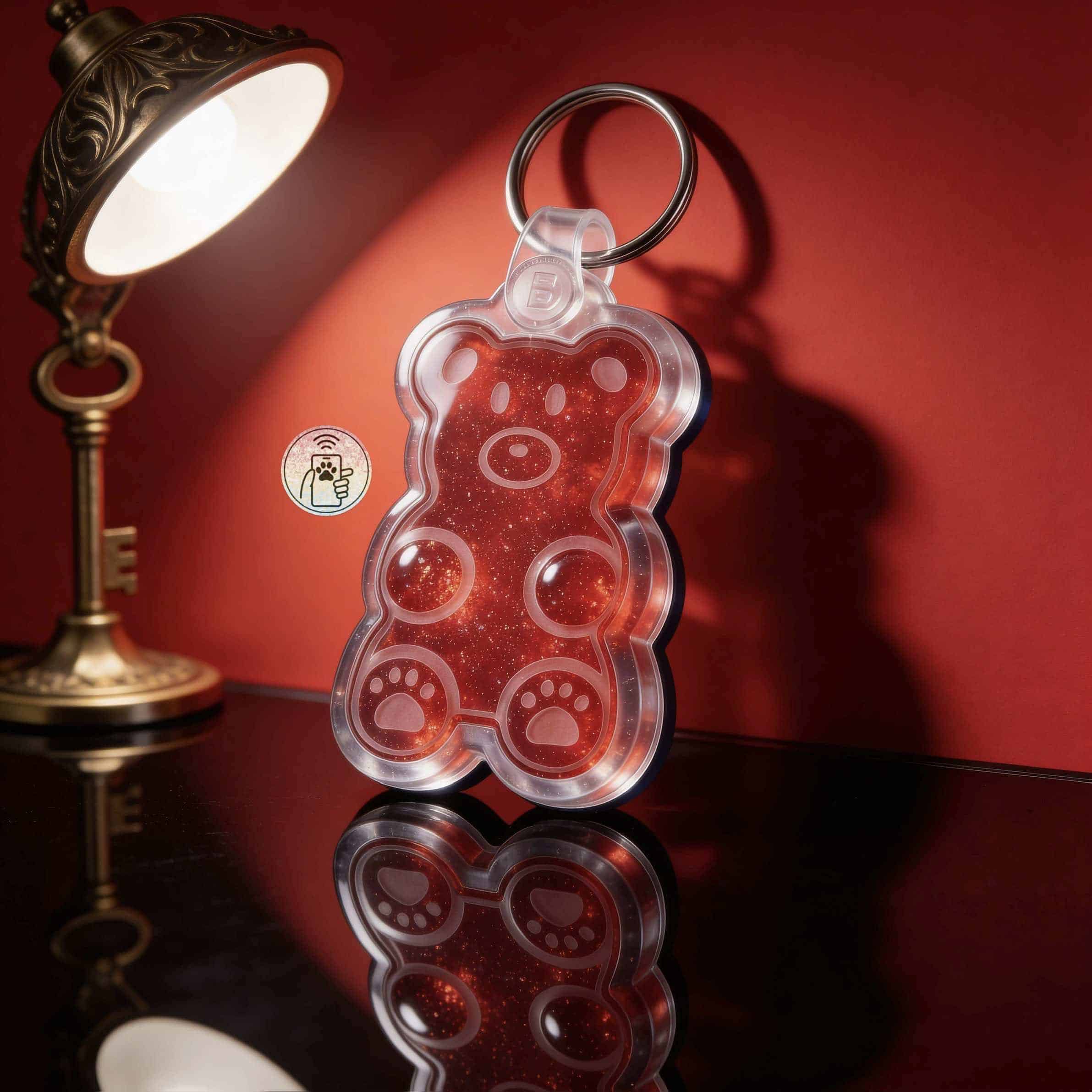 Clear acrylic teddy bear-shaped NFC pet ID tag with keyring for dogs and cats — Shiloh's House smart NFC pet tag with free companion Lohji app.