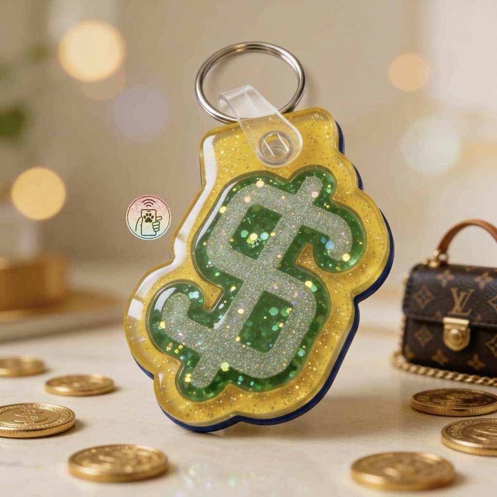 Designer acrylic glitter dollar sign NFC pet ID tag for dogs and cats — Shiloh's House smart NFC pet tag with free companion Lohji app.