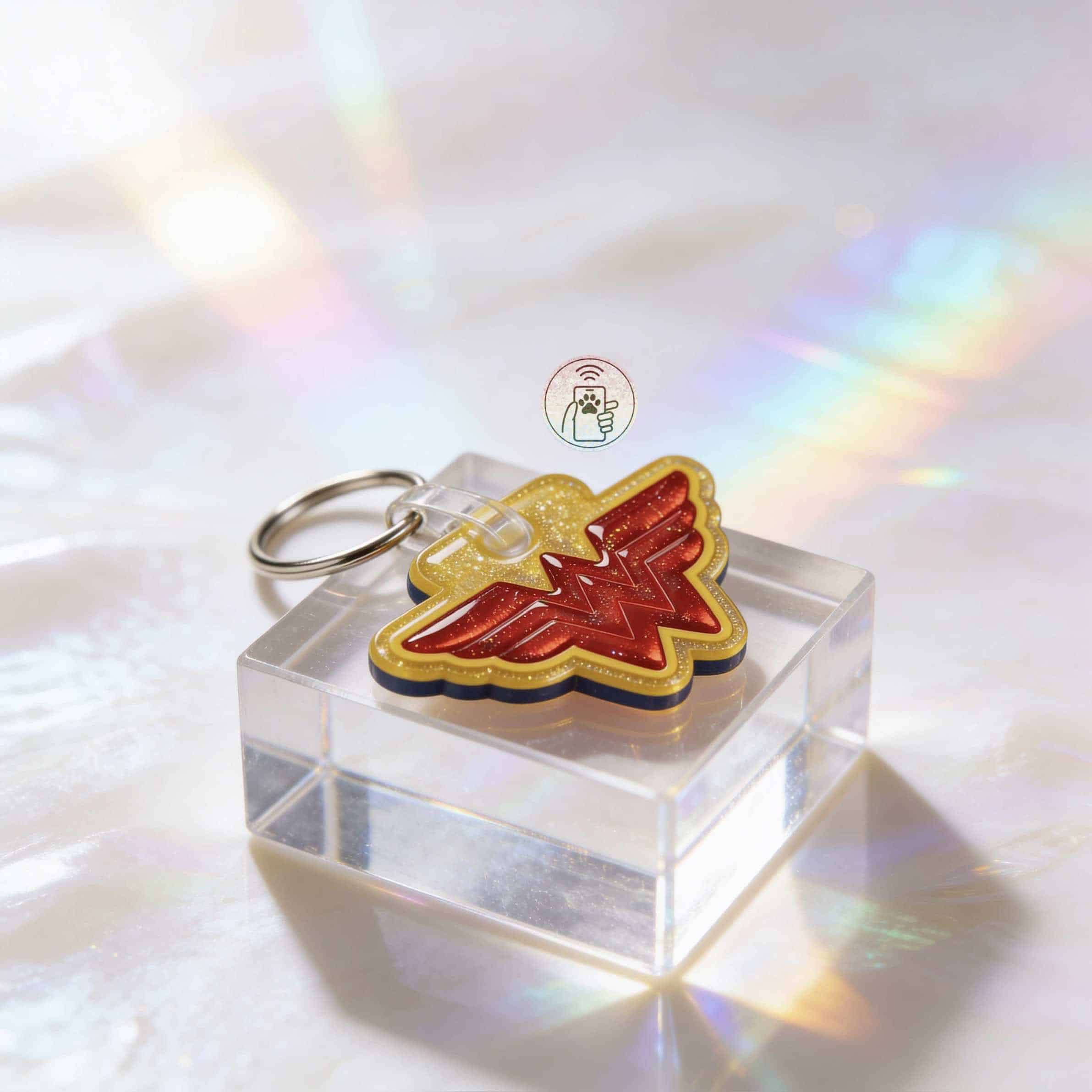 NFC pet ID tag shaped like a lightning bolt, perfect for dogs and cats, with a keyring for easy atta — Shiloh's House smart NFC pet tag with free companion Lohji app.