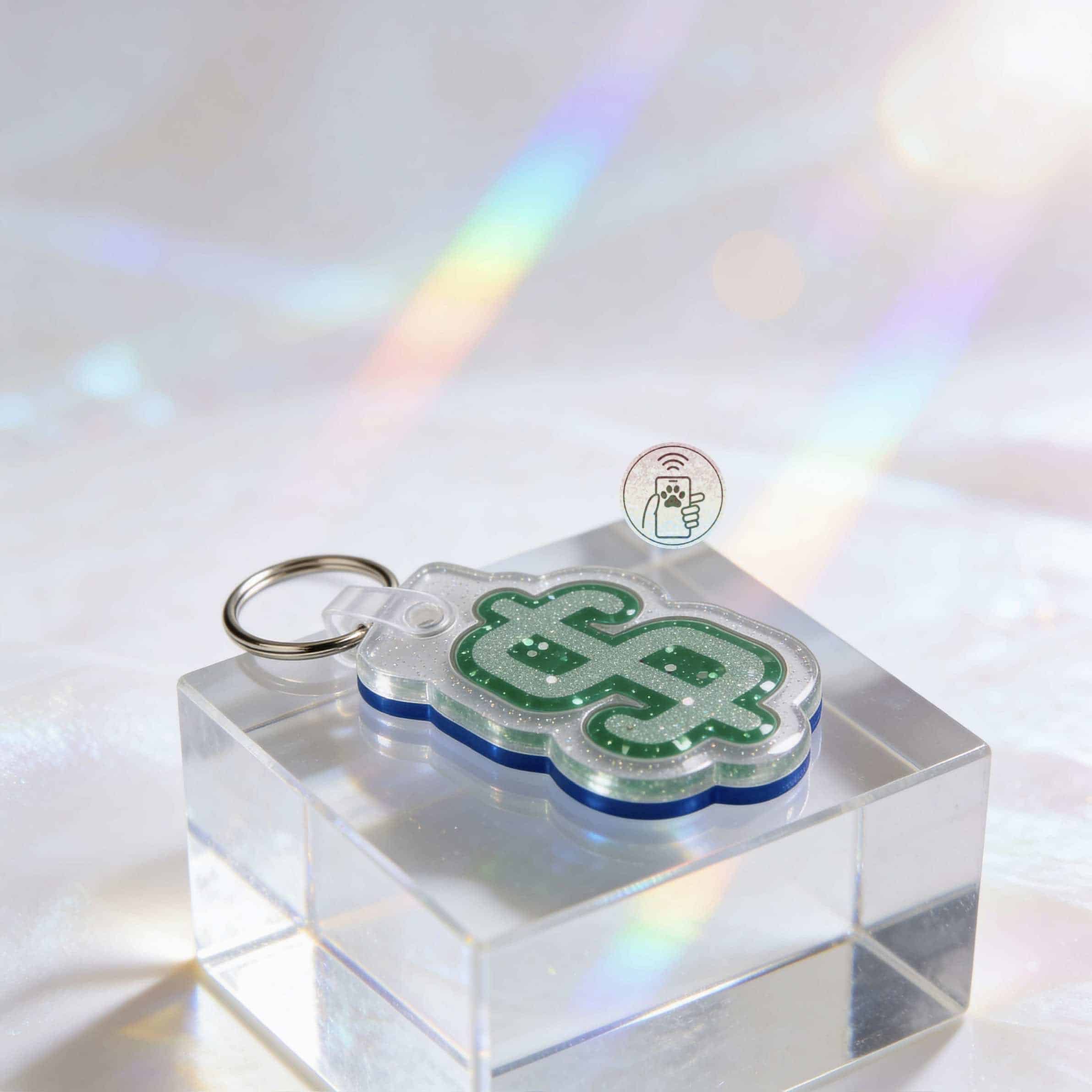 NFC pet ID tag shaped like a dollar sign with a keyring, designed for dogs and cats — Shiloh's House smart NFC pet tag with free companion Lohji app.