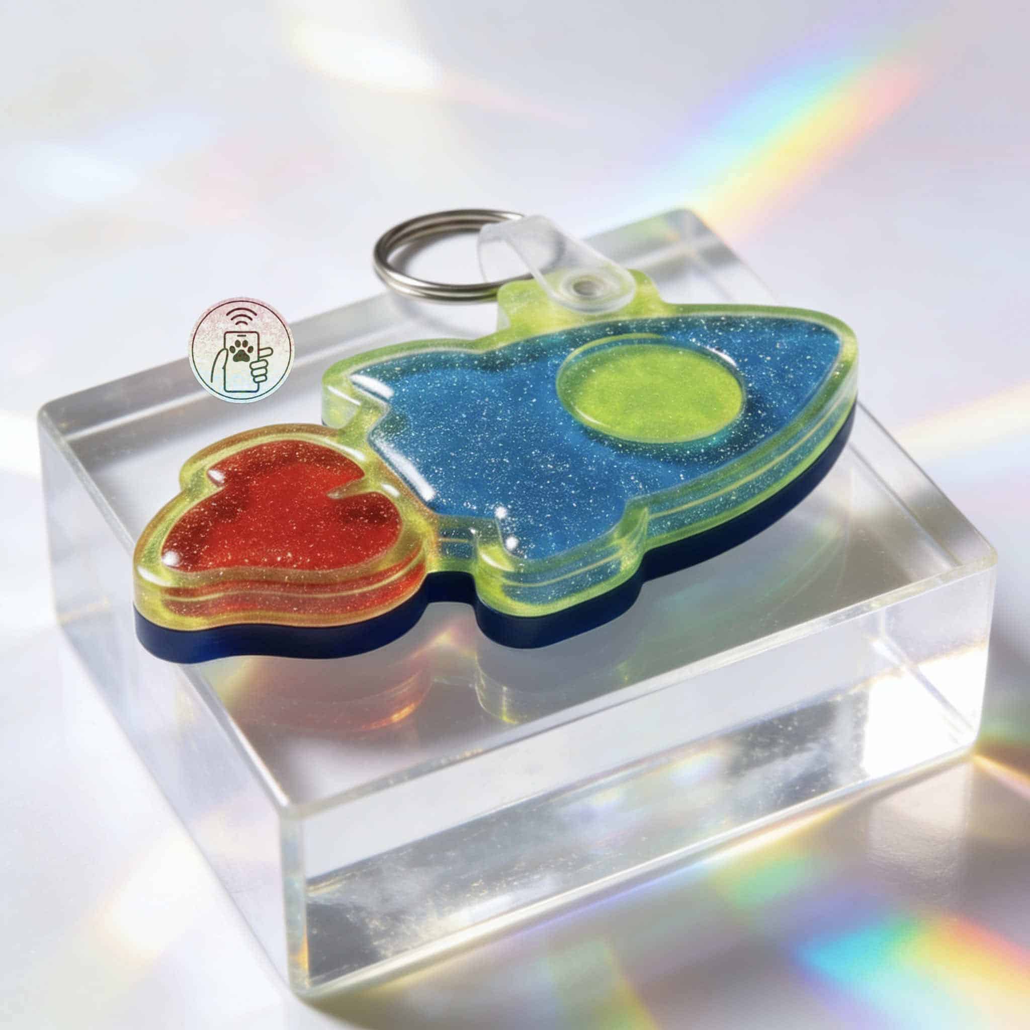 Colorful acrylic pet ID tag with NFC chip for dogs and cats, shaped like a rocket — Shiloh's House smart NFC pet tag with free companion Lohji app.