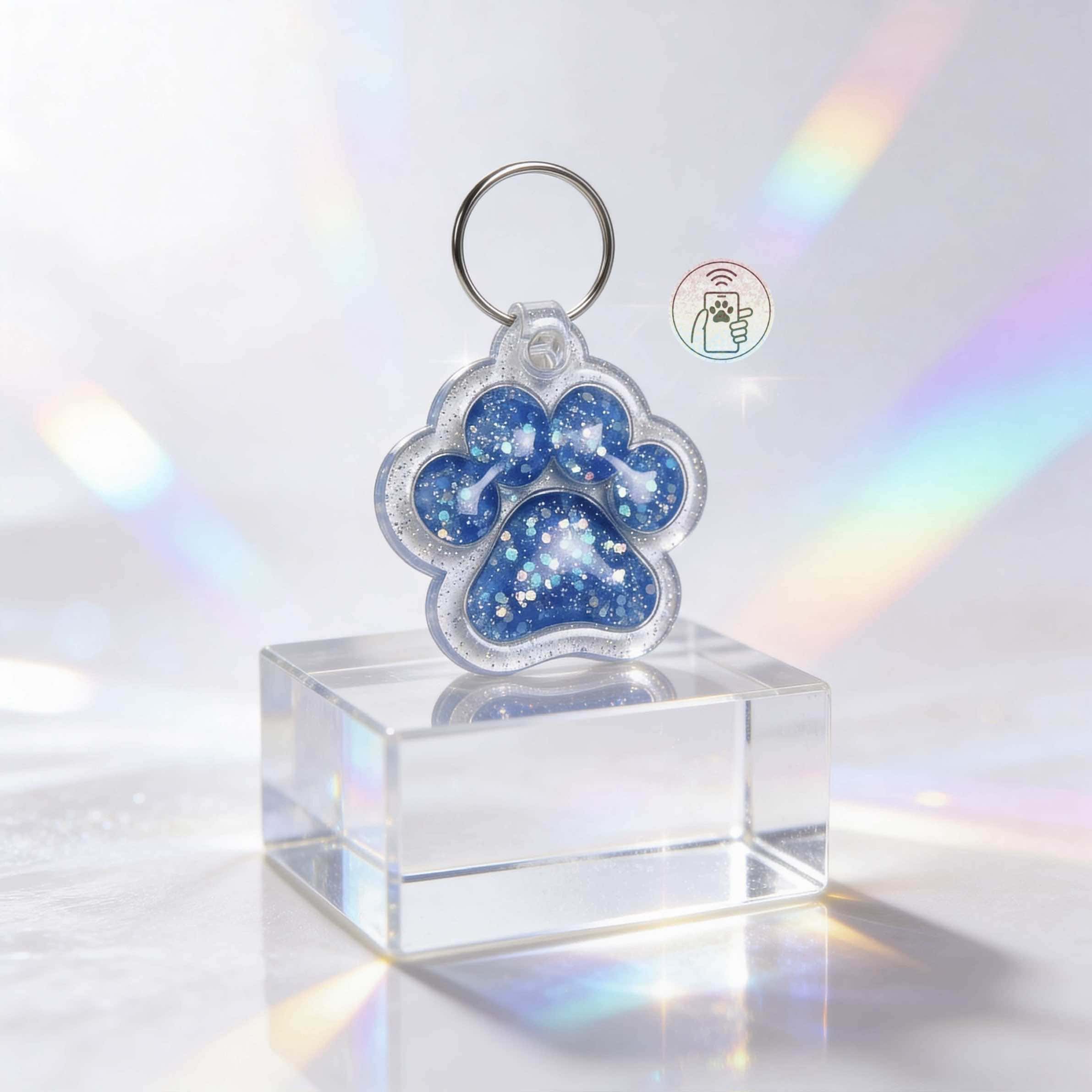 Clear acrylic paw-shaped pet ID tag with blue glitter and NFC chip, on a transparent display stand — Shiloh's House smart NFC pet tag with free companion Lohji app.